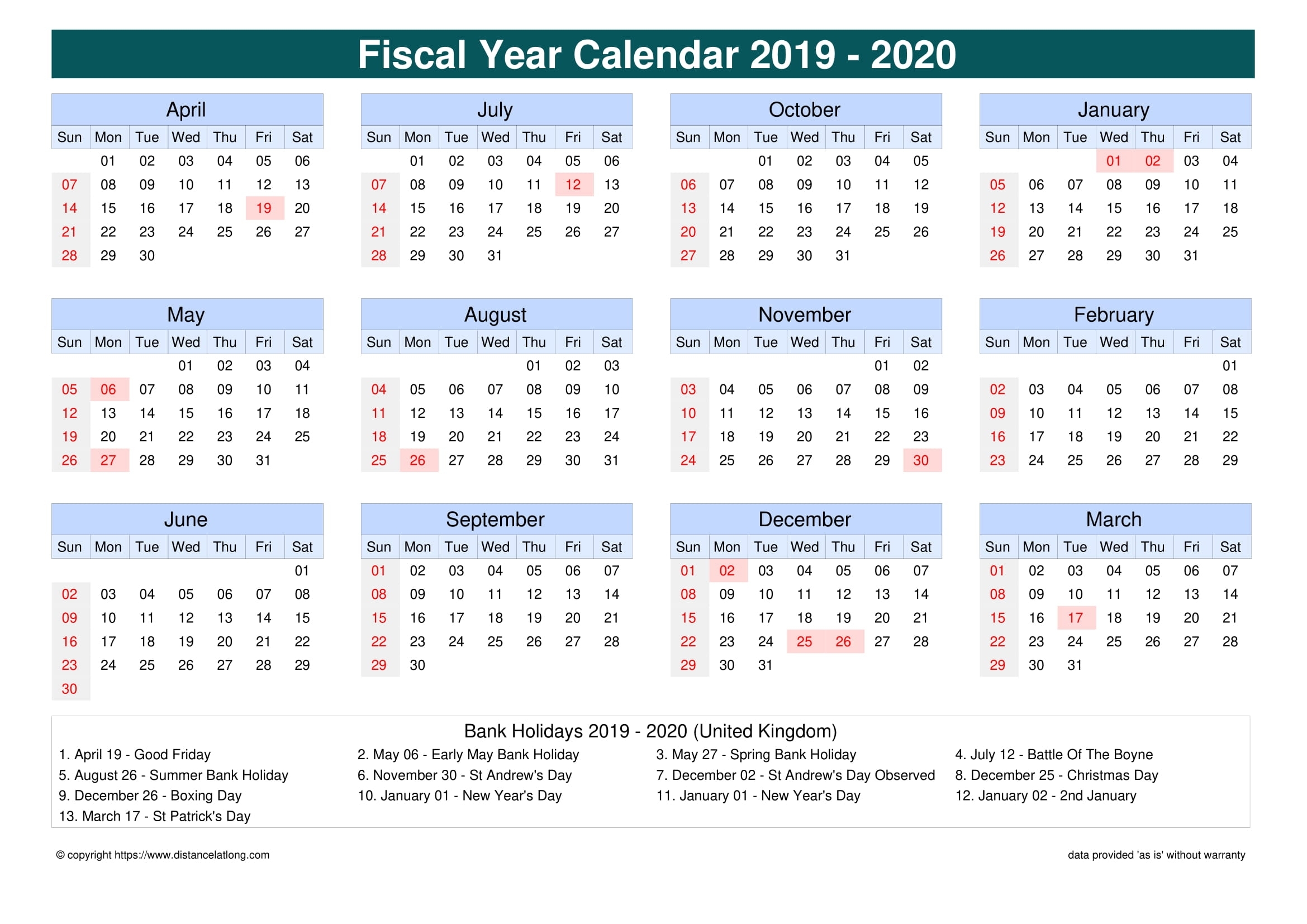 Fiscal Year 2019-2020 Calendar Templates, Free Printable