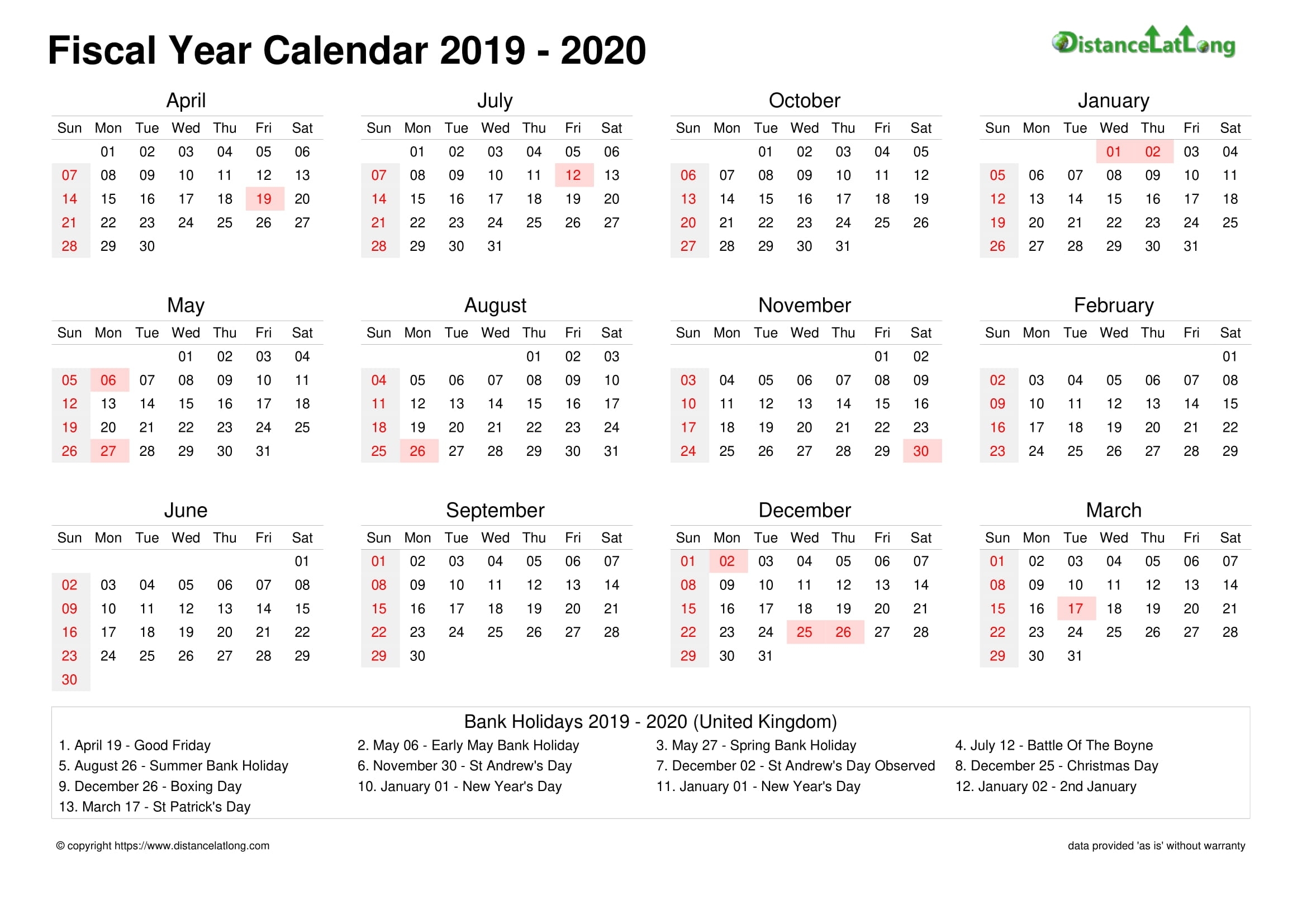 Fiscal Year 2019-2020 Calendar Templates, Free Printable