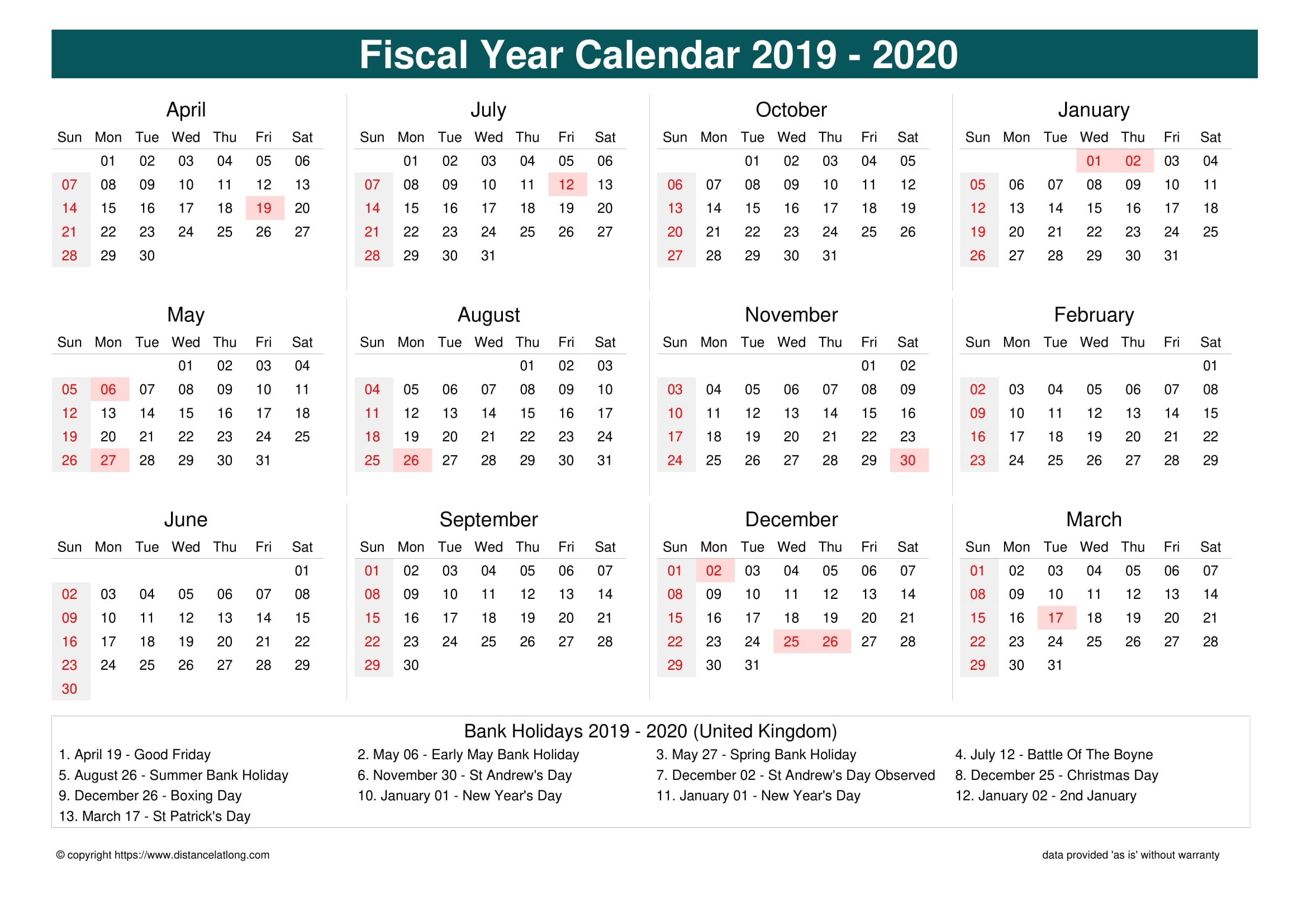 Fiscal Year 2019-2020 Calendar Templates, Free Printable