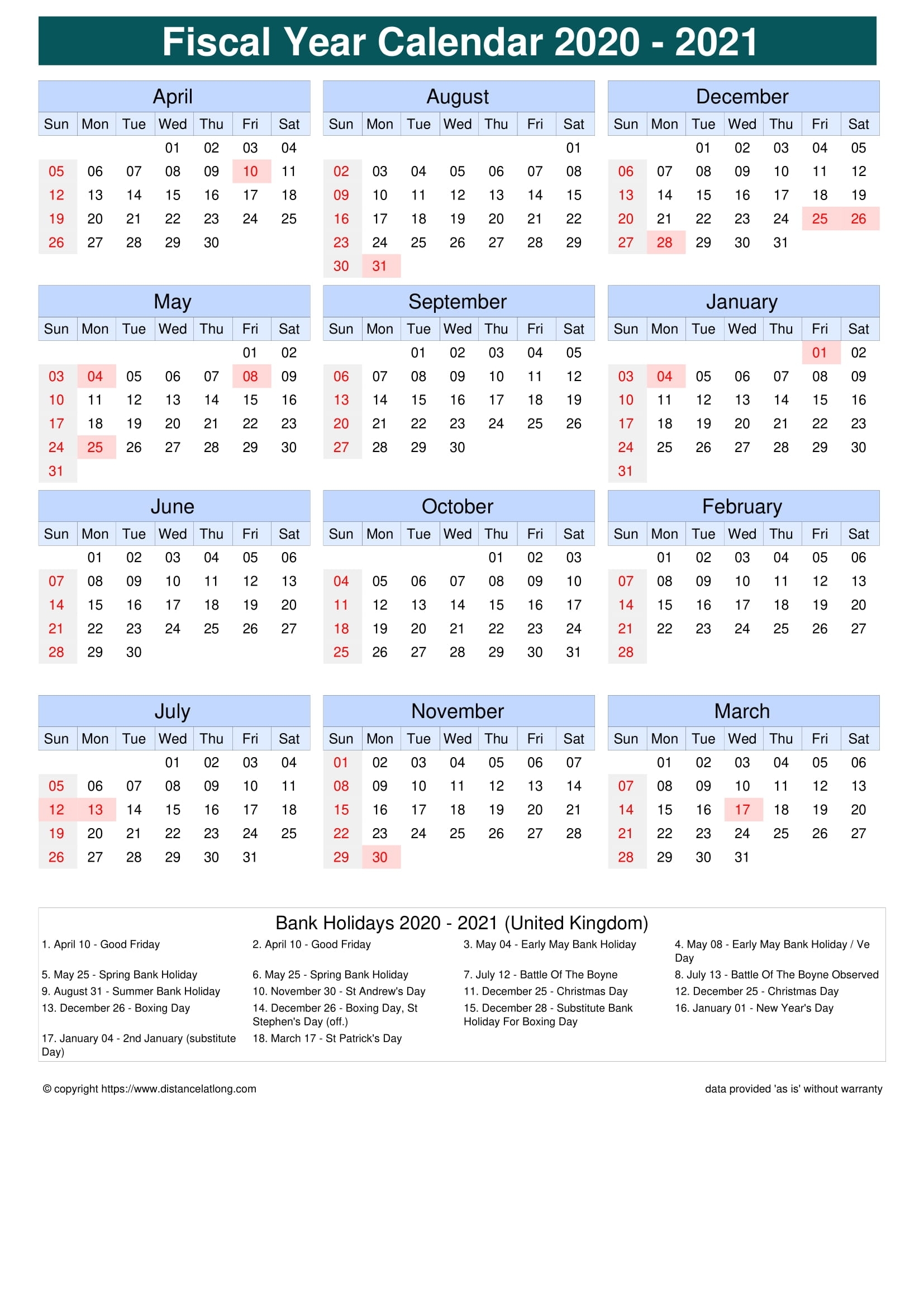 Fiscal Year 2020-2021 Calendar Templates, Free Printable