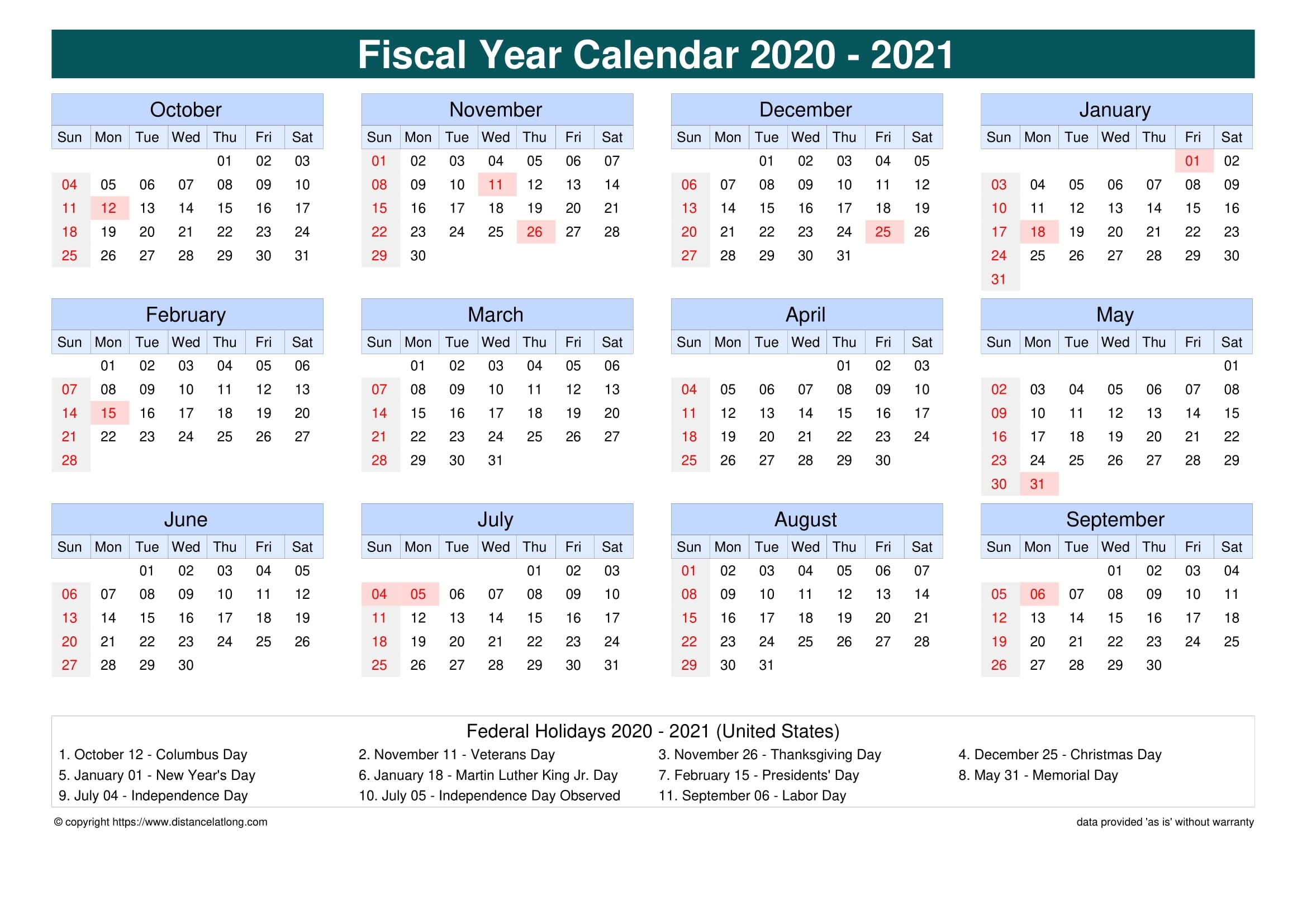 Fiscal Year 2020-2021 Calendar Templates, Free Printable