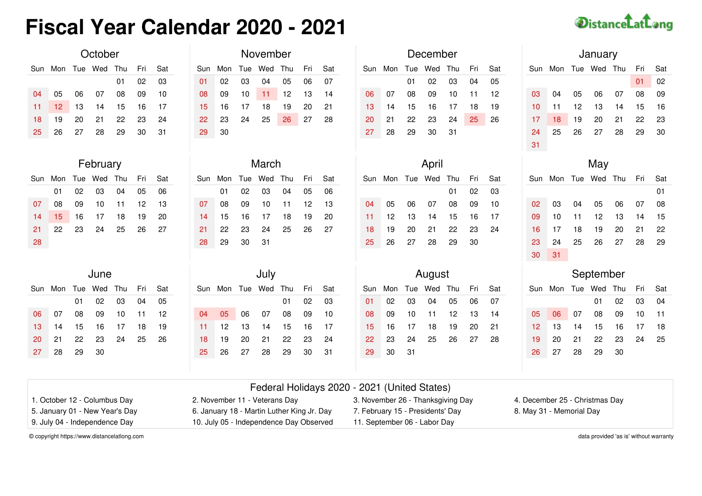 Fiscal Year 2020-2021 Calendar Templates, Free Printable