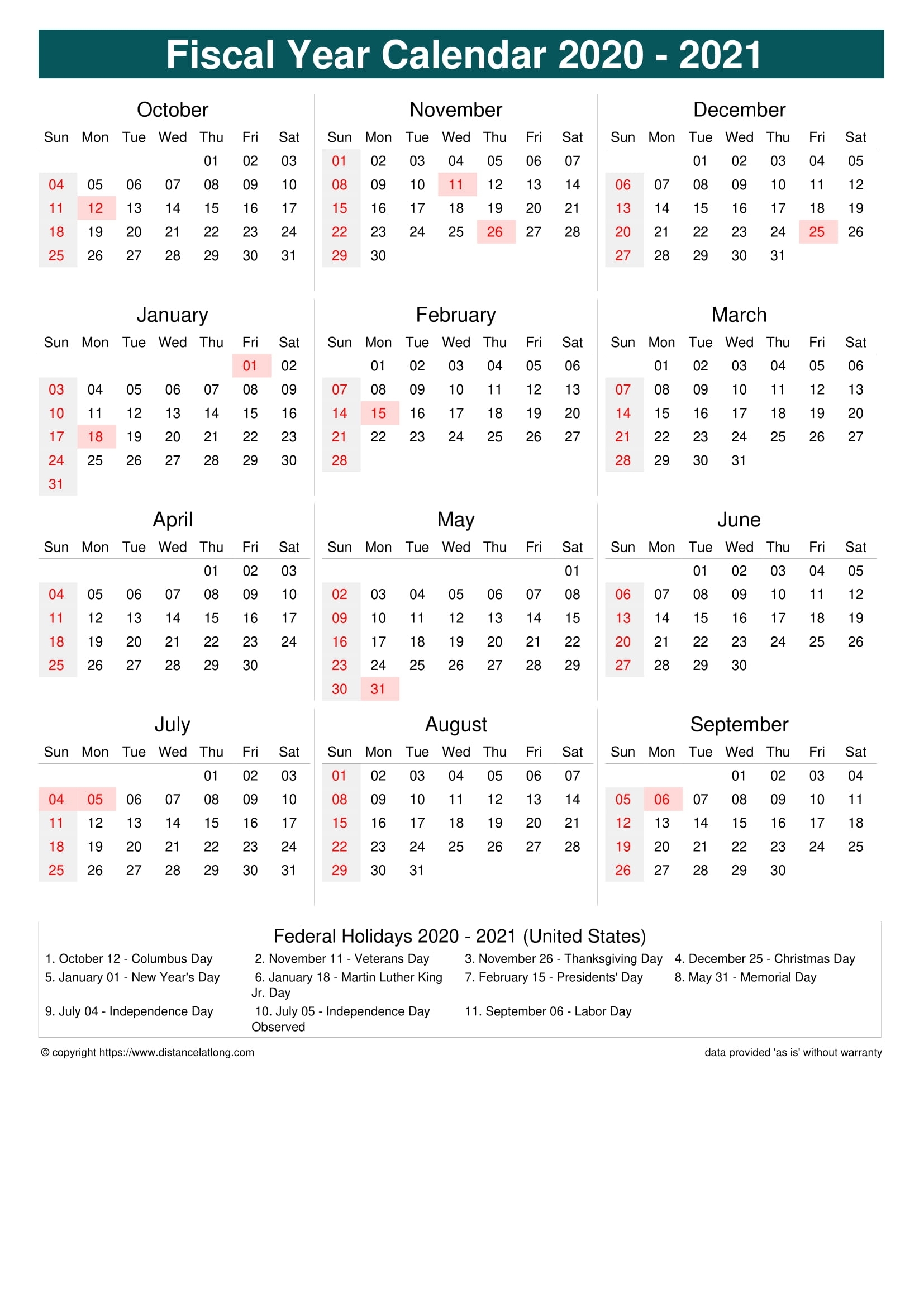 Fiscal Year 2020-2021 Calendar Templates, Free Printable