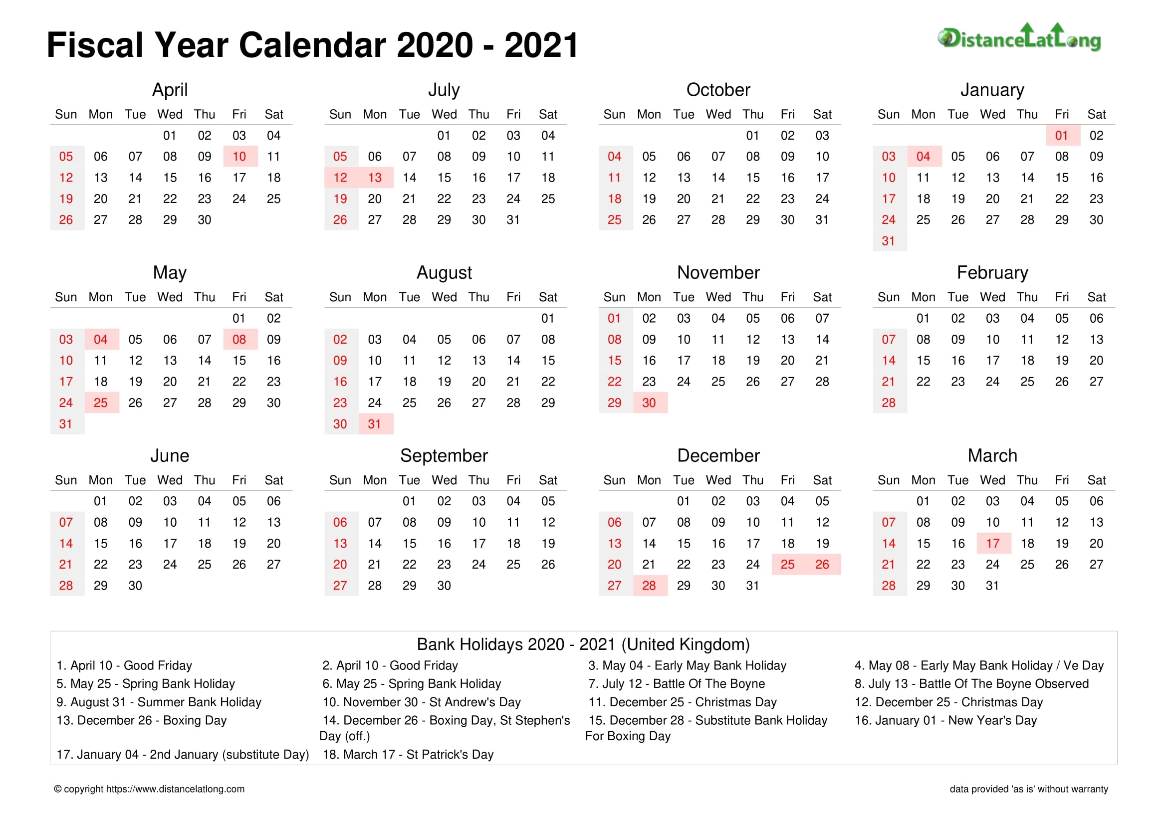 Fiscal Year 2020-2021 Calendar Templates, Free Printable