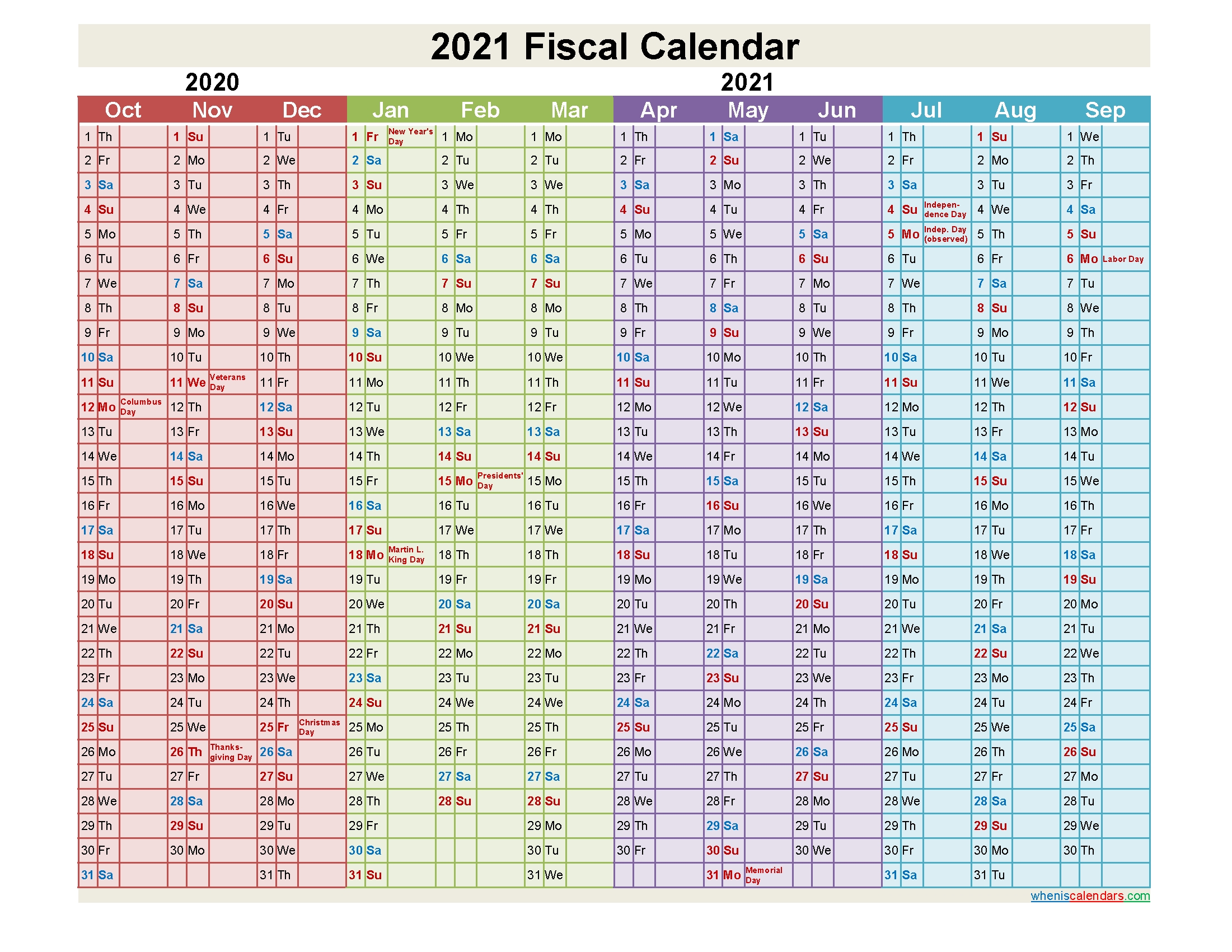 Fiscal Year 2021 Calendar – Template No.fiscal21Y5 – Free