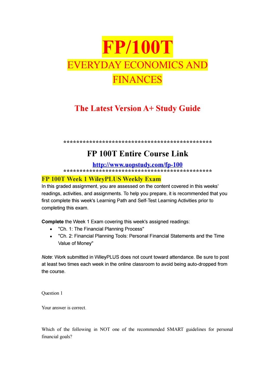 Fp 100T Week 1 Wileyplus Weekly Exam- Uopstudy