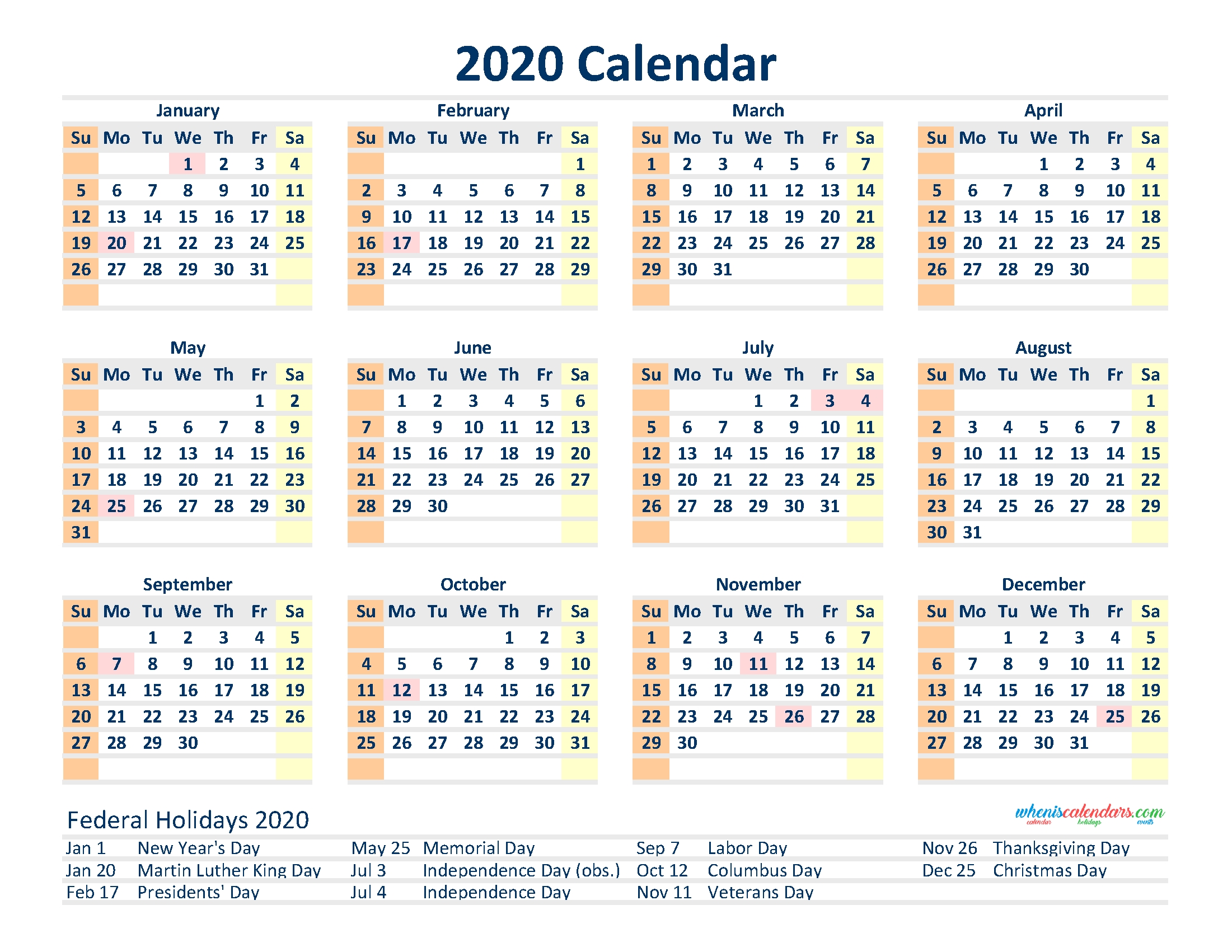 2020 12 Month Calendar Printable