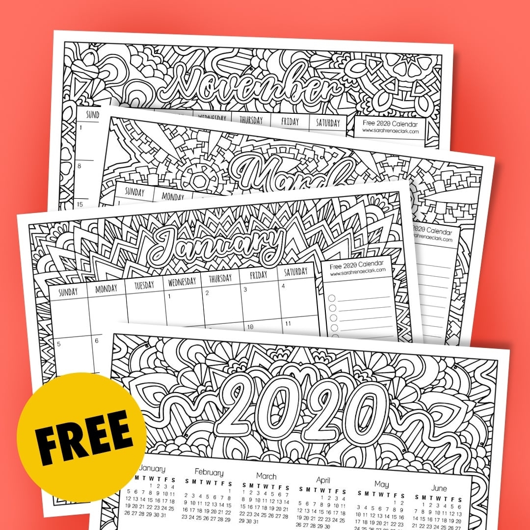 Free 2020 Printable Coloring Calendar -Sarah Renae Clark inside 2020 Printable Yearly Colouring Calendar