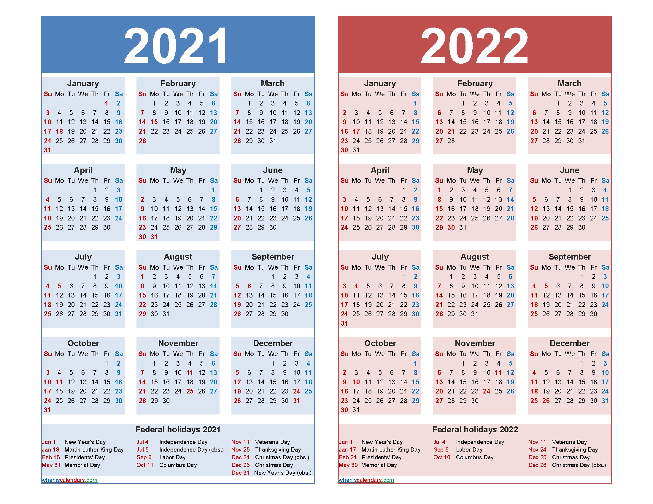 Free 2021 And 2022 Calendar Printable With Holidays