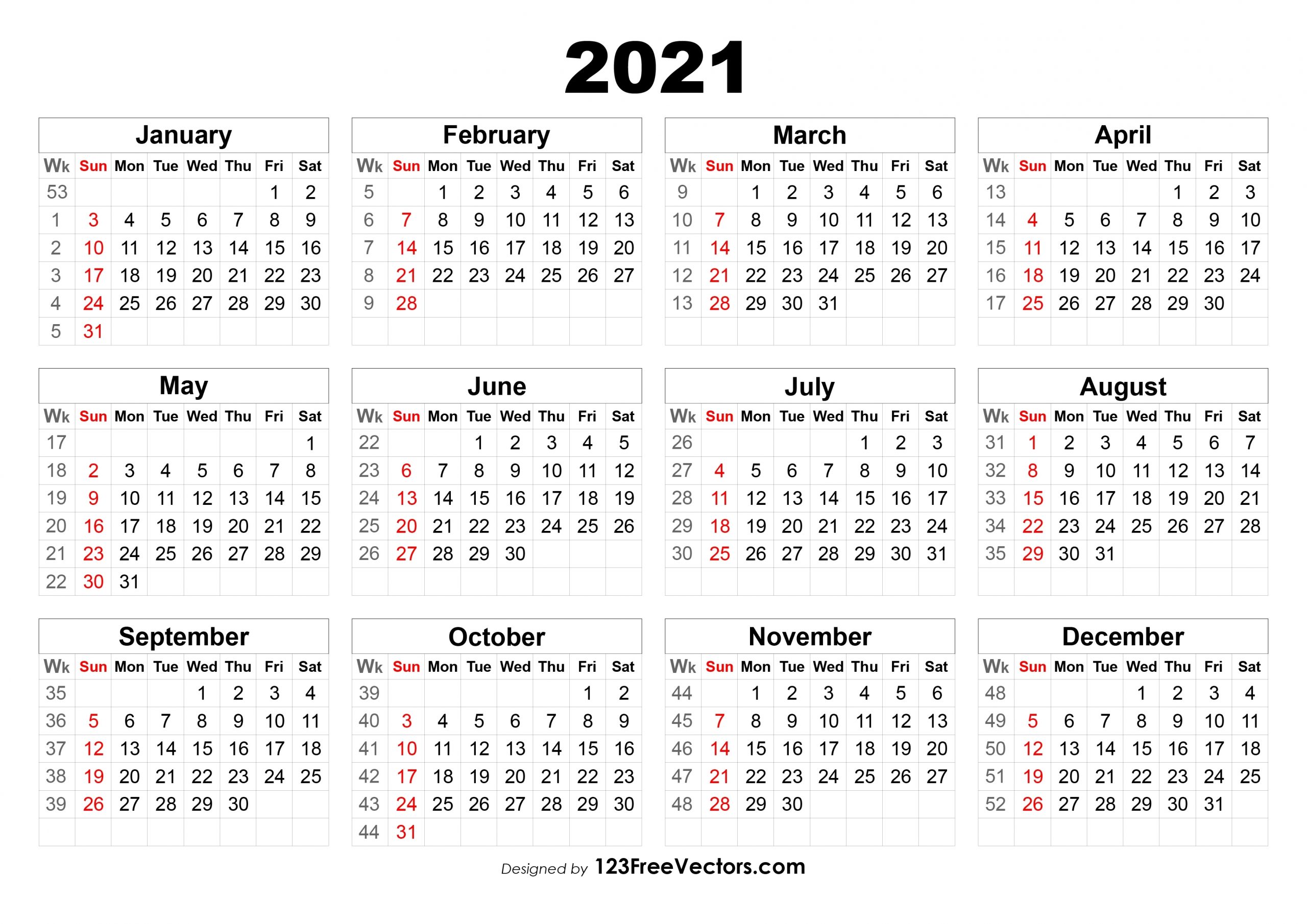 Free 2021 Calendar With Week Numbers