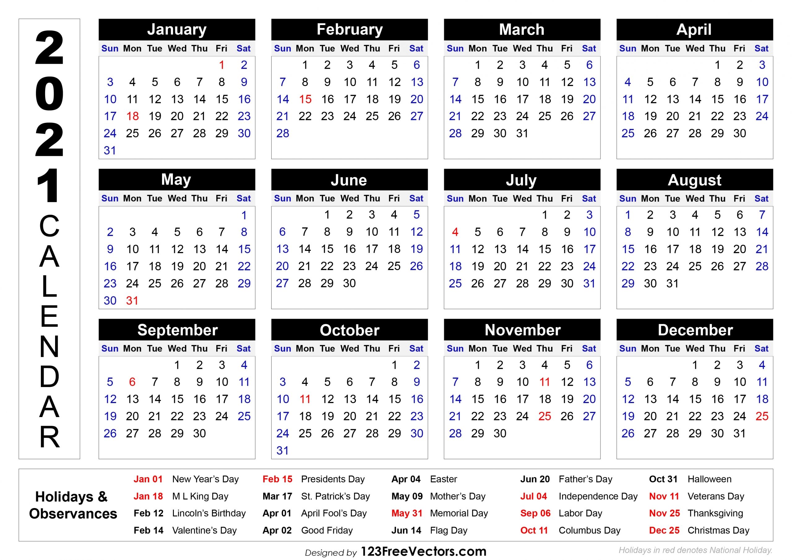 Federal Holidays 2021 Calendar Printable 2021 Calendar With Holidays