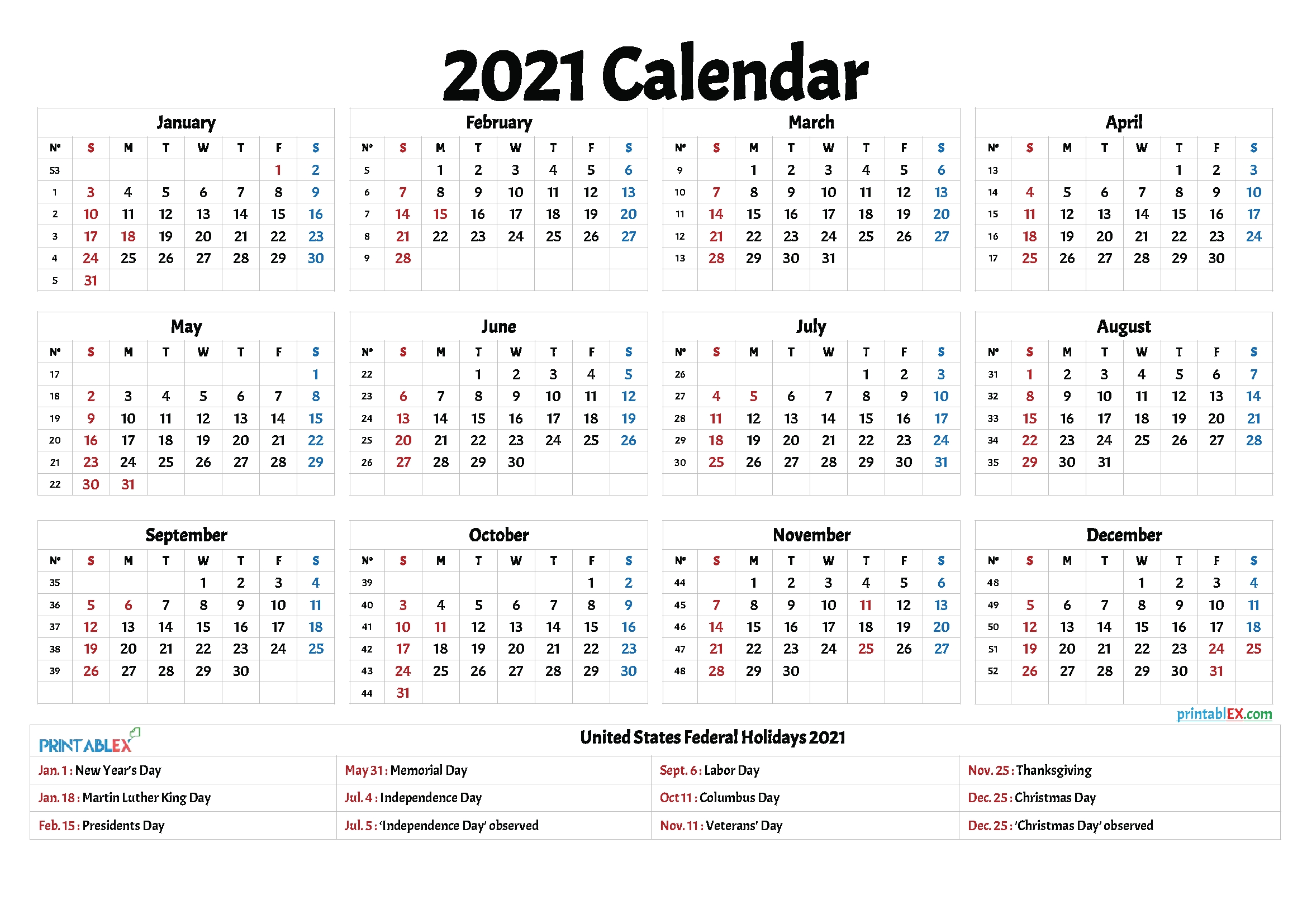 Free 2021 Printable Calendar With Holidays