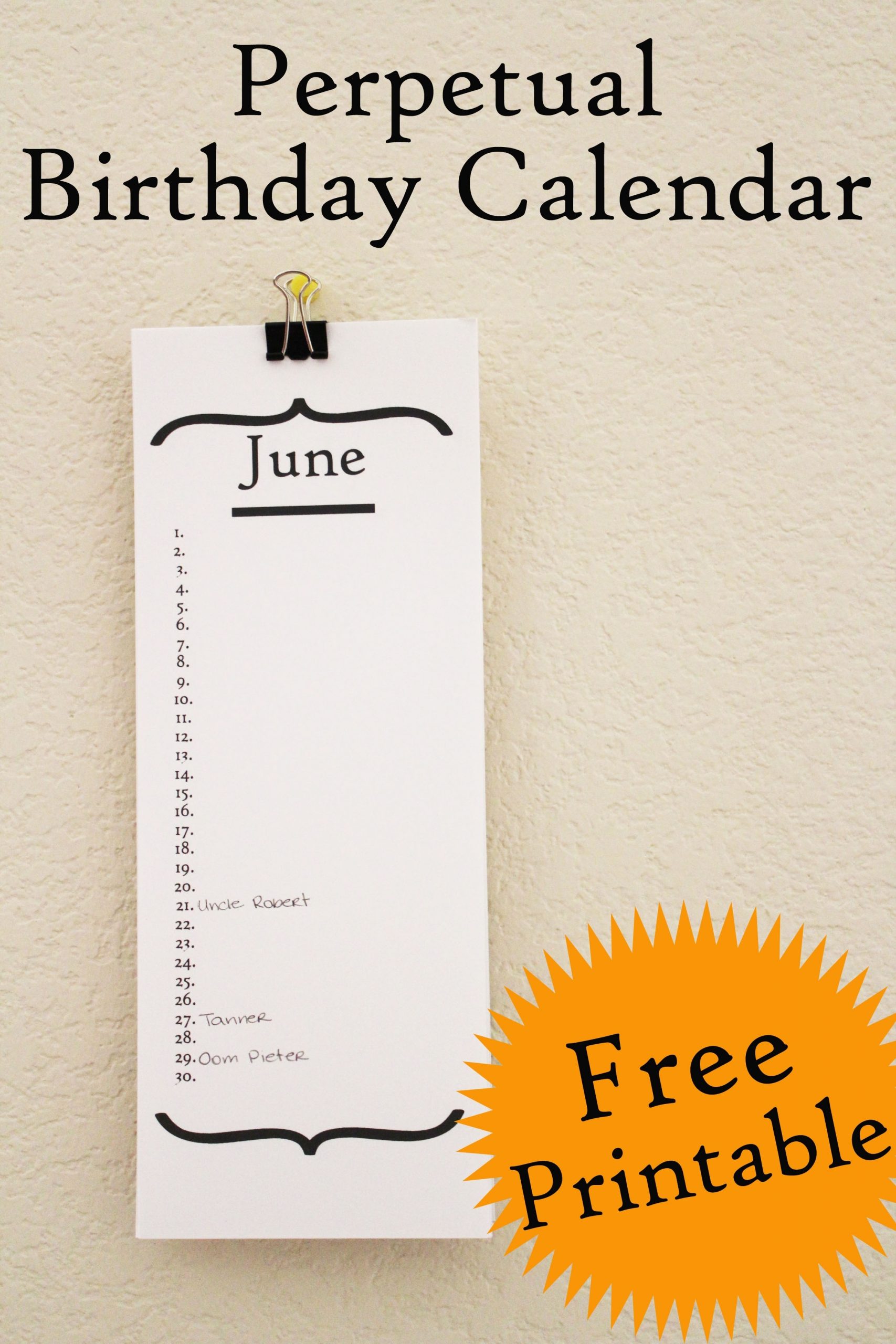 Free Birthday Calendar Printable - 30 Minute Crafts