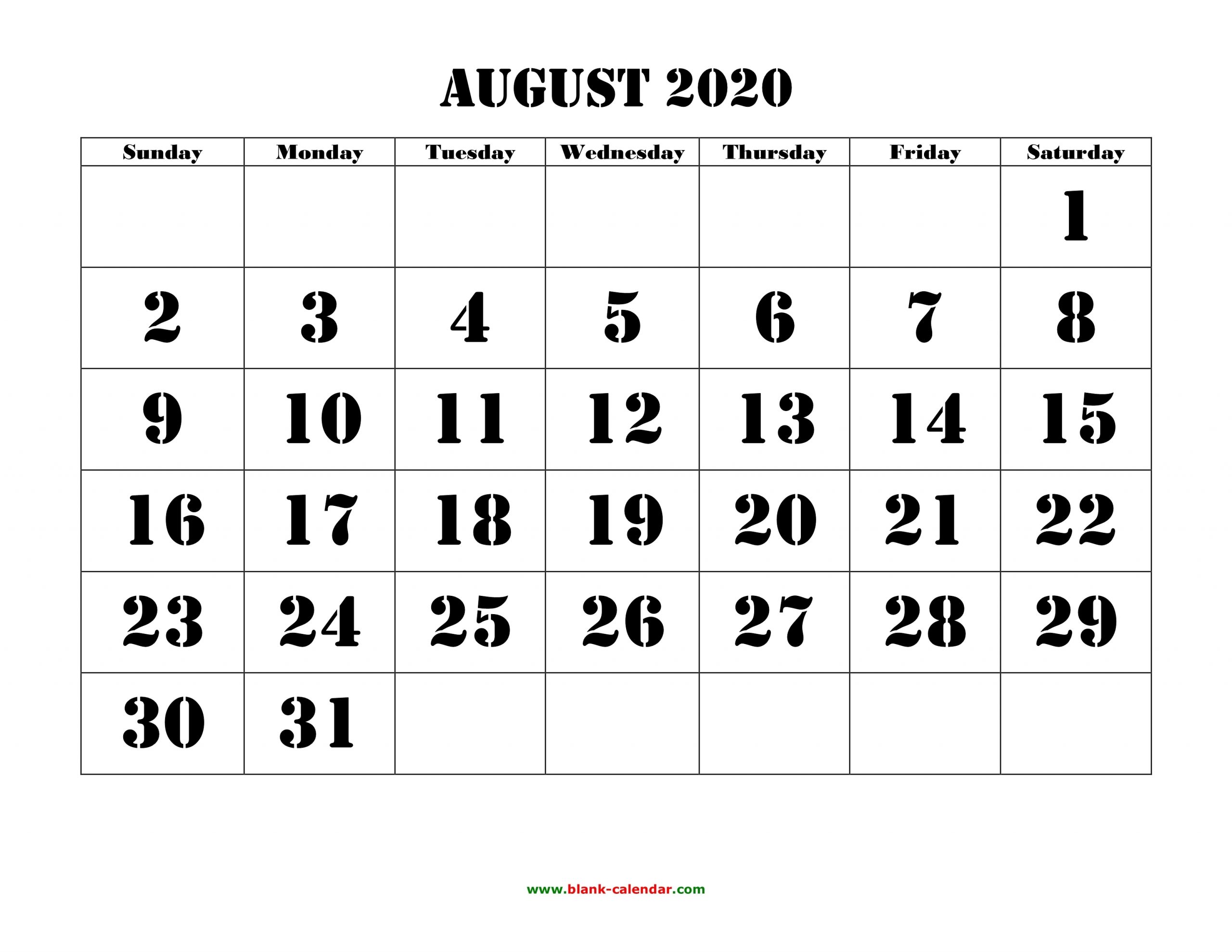 Free Download Printable August 2020 Calendar, Large Font with Printable Fill In 2020 Calendar Large Print