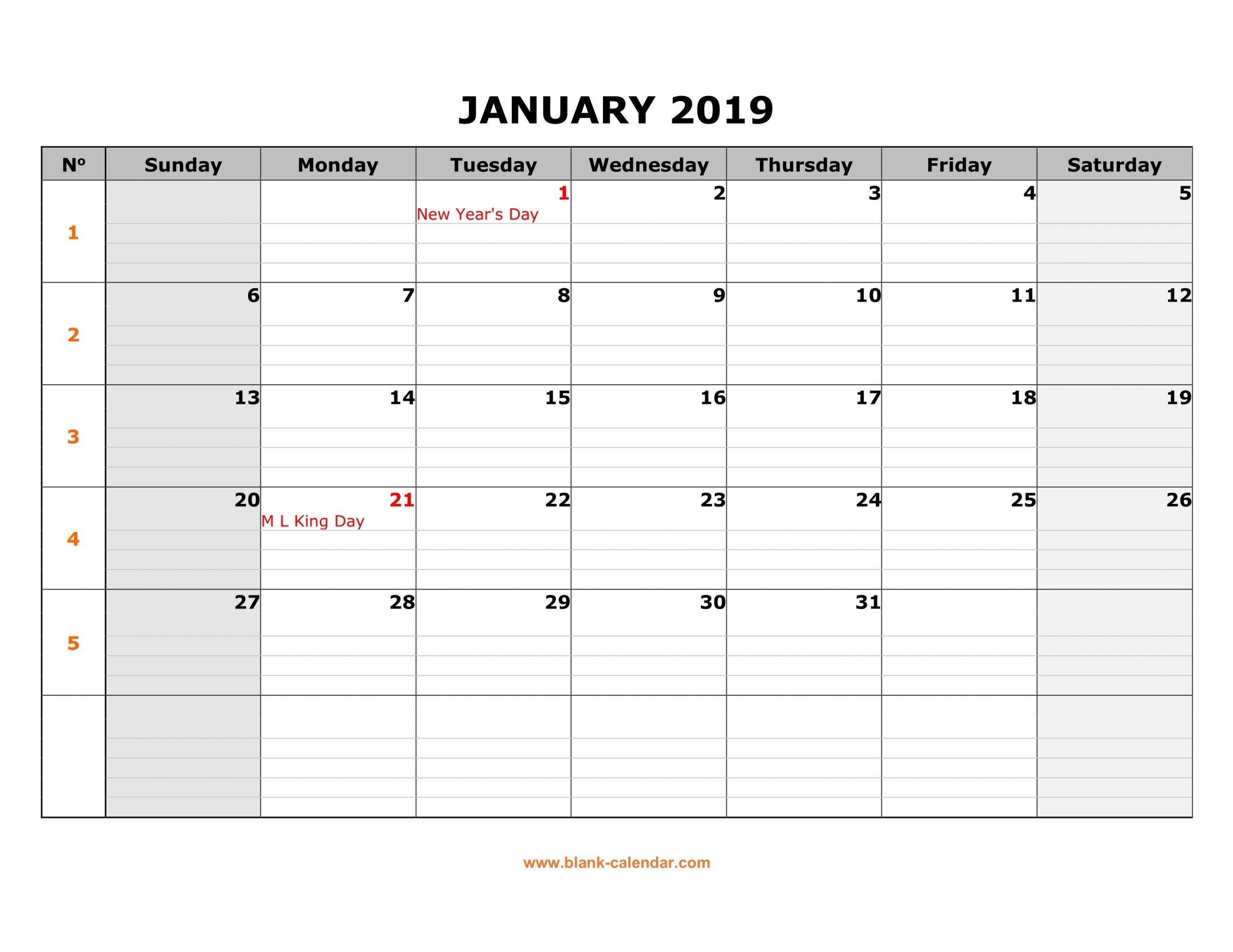 Free Download Printable Calendar 2019, Large Box Grid, Space with Free 2019 Calendar With Space To Write