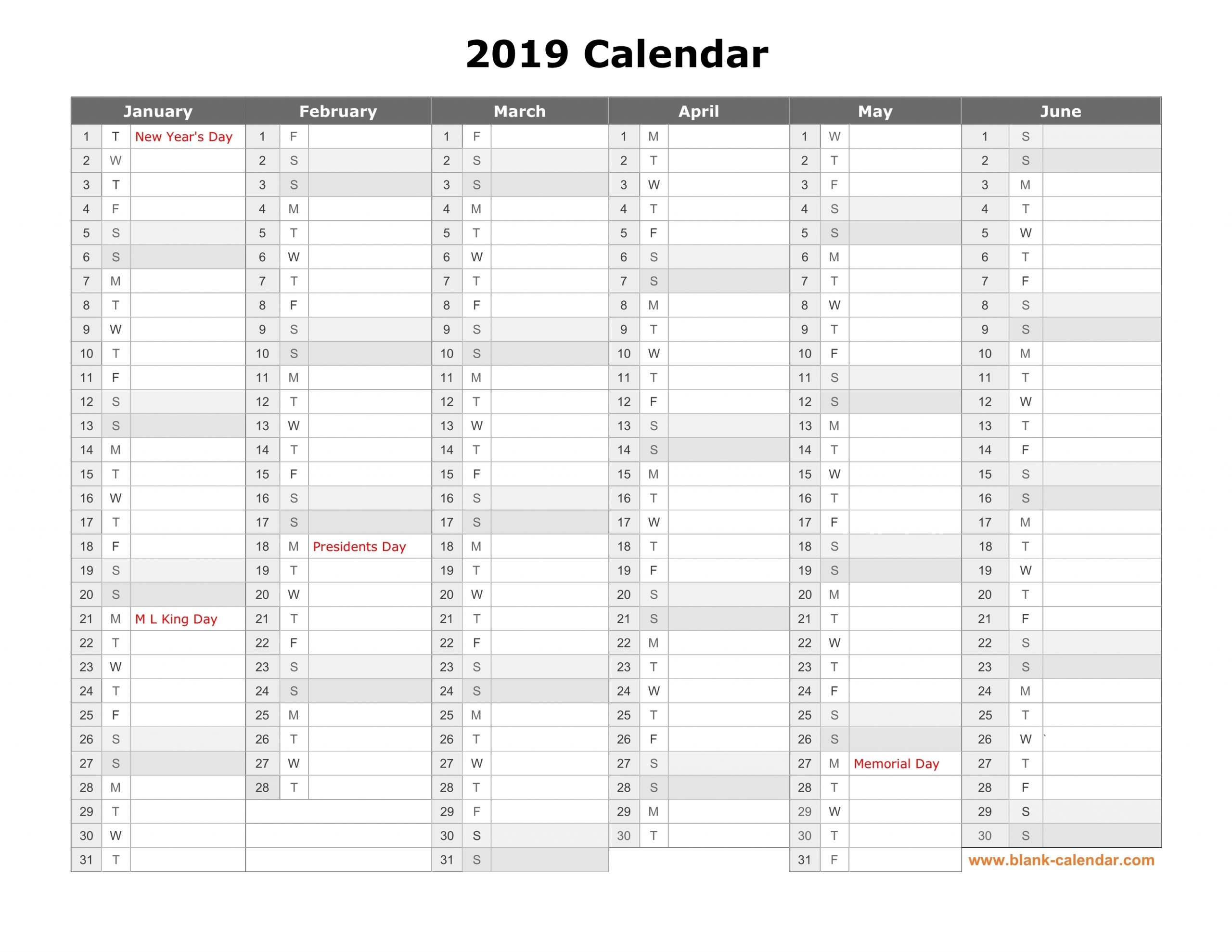 Free Download Printable Calendar 2019, Month In A Column inside Fill In Calendar 2019 Printable