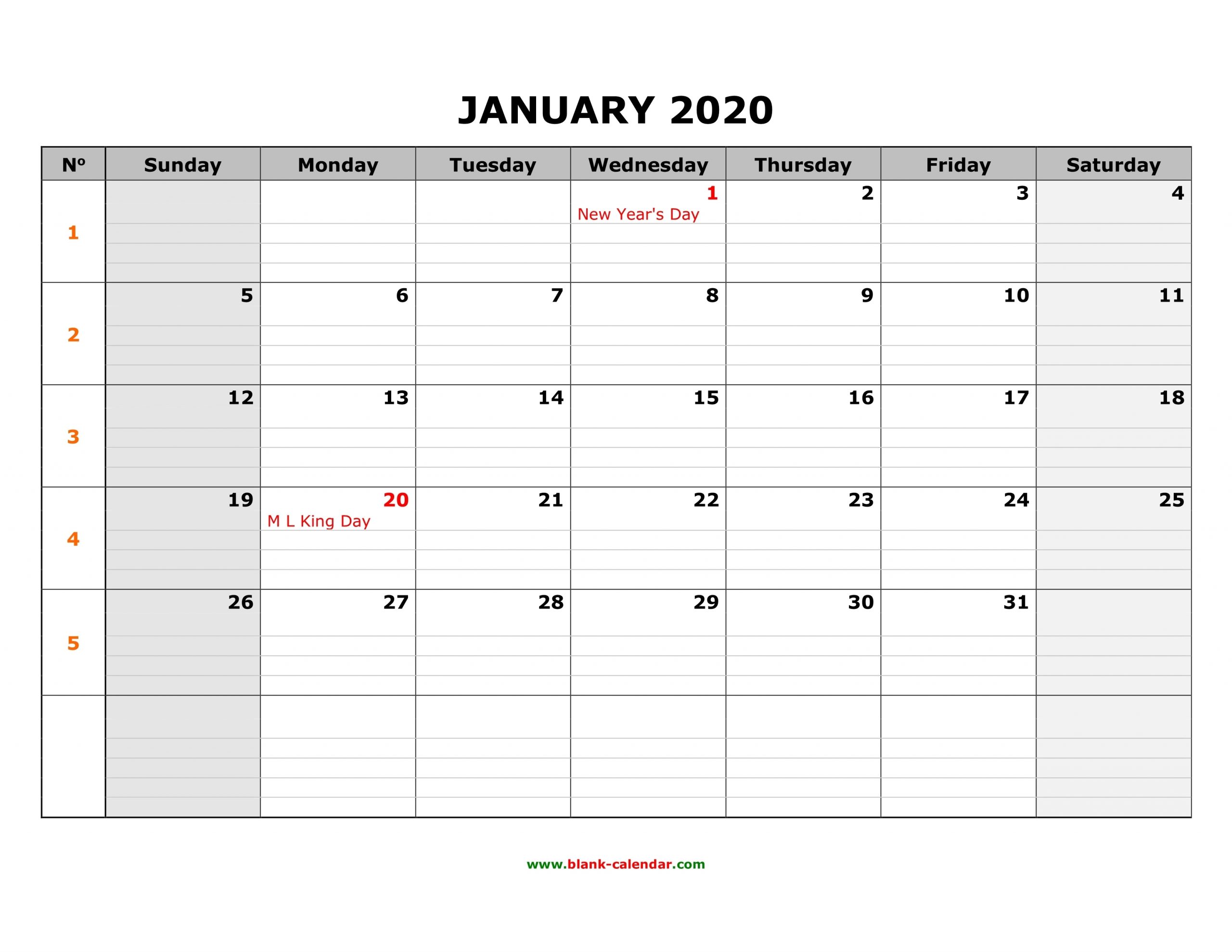 Free Download Printable Calendar 2020, Large Box Grid, Space in Free Printable Calendar With Space To Write