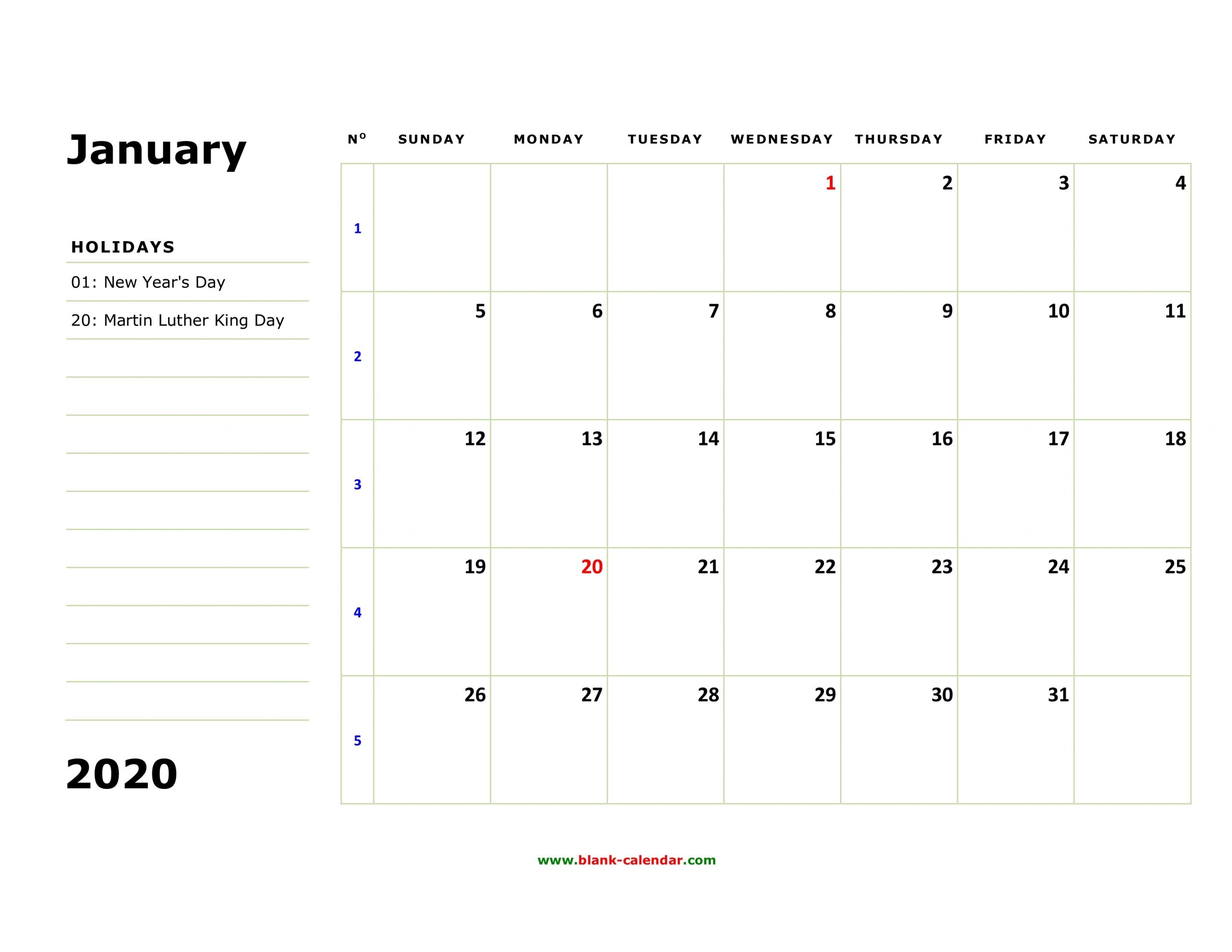Free Download Printable Calendar 2020, Large Box, Holidays