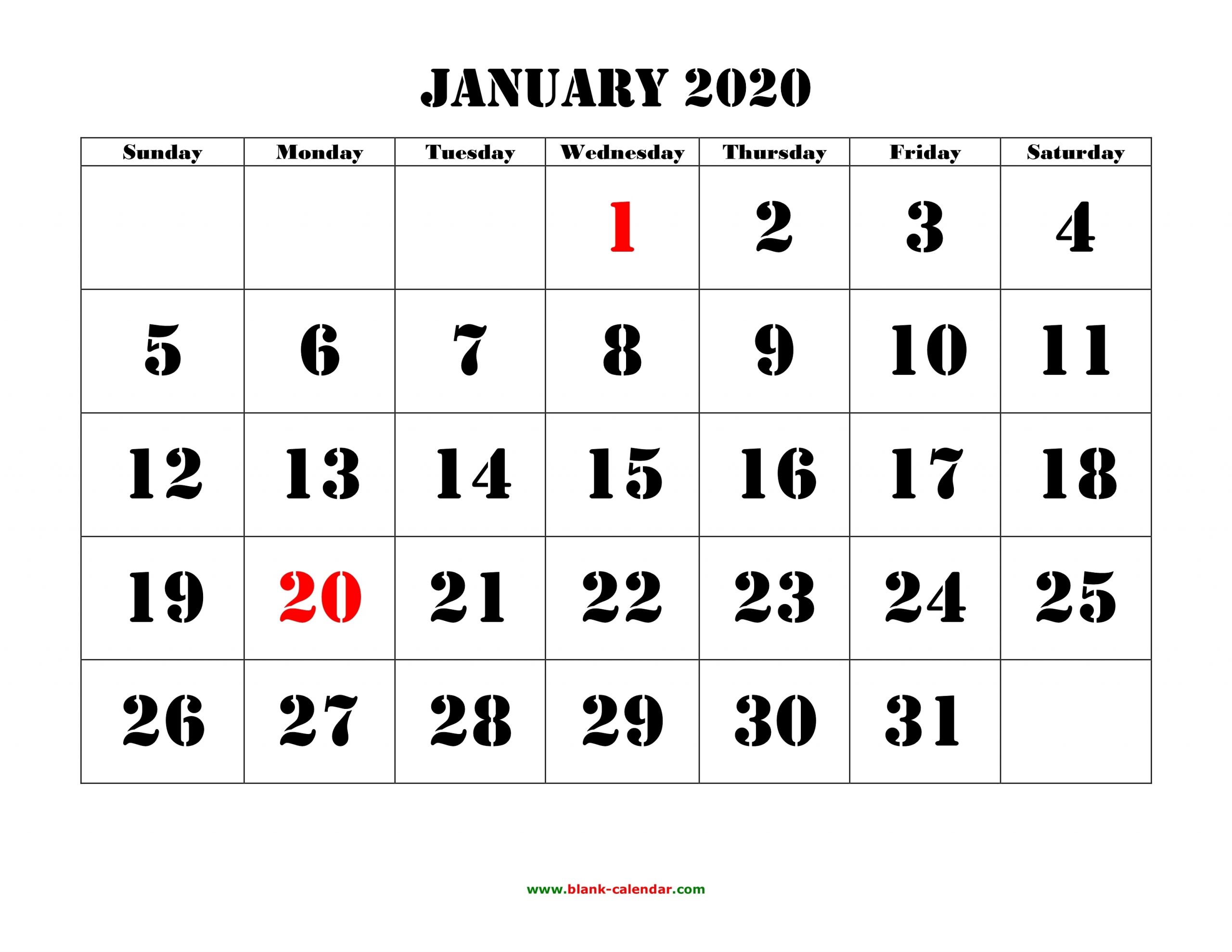 Free Download Printable Calendar 2020, Large Font Design inside Printable Fill In 2020 Calendar Large Print