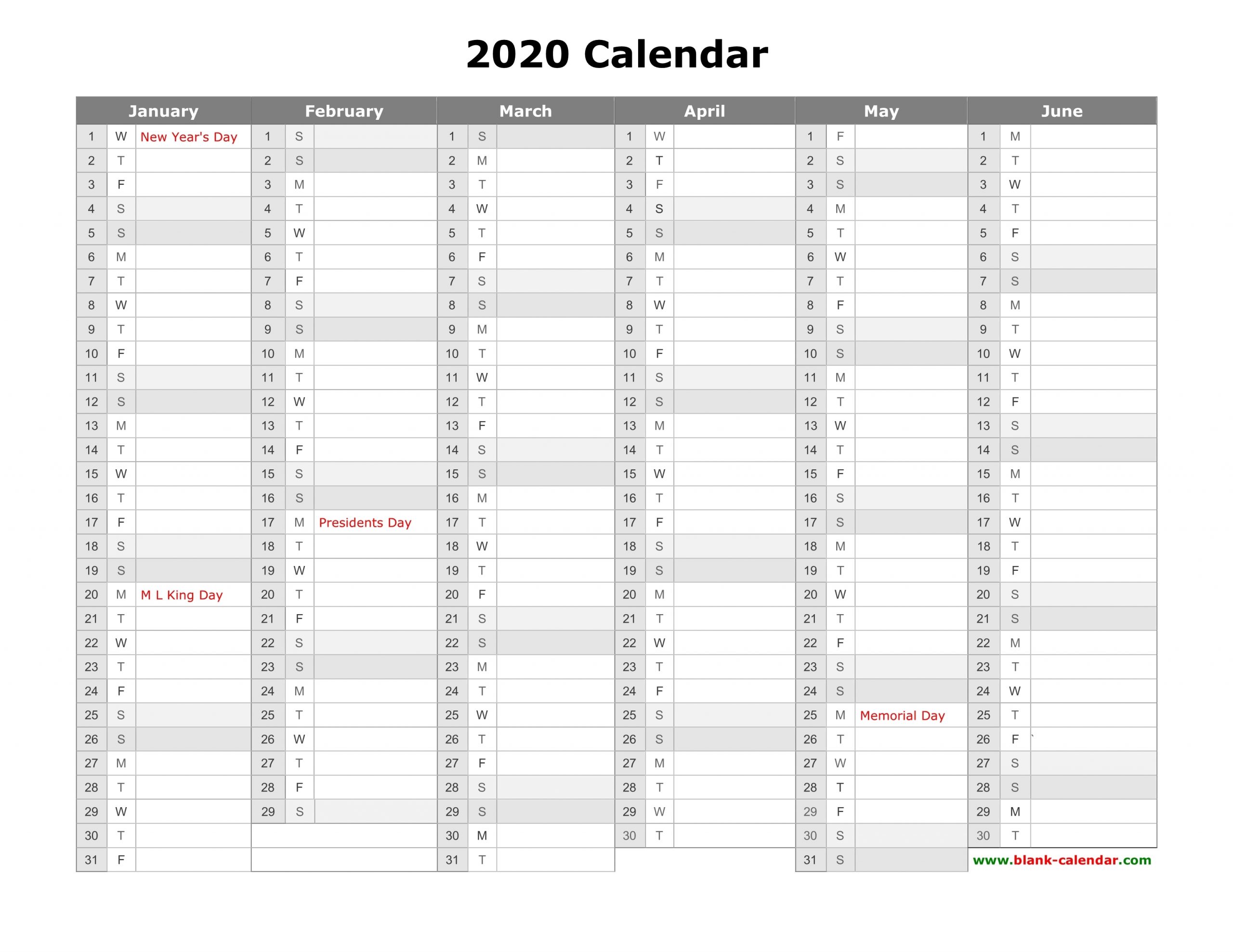 Free Download Printable Calendar 2020, Month In A Column in Free Half Page 2020 Monthly Calanders