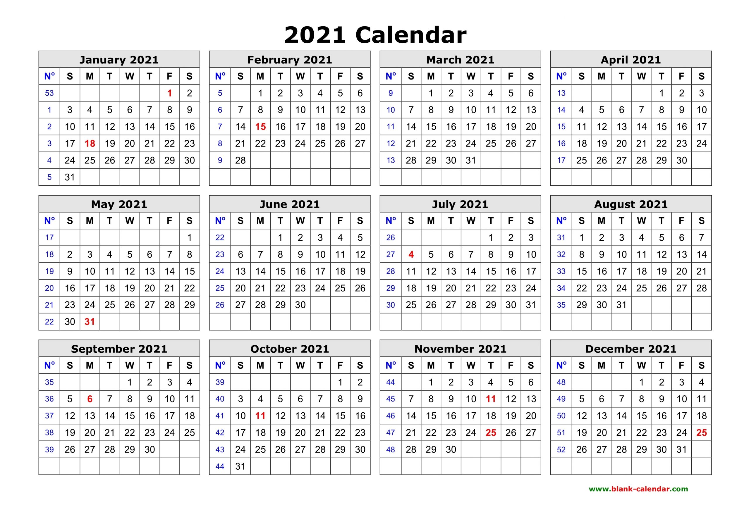 Free Download Printable Calendar 2021 In One Page, Clean Design.