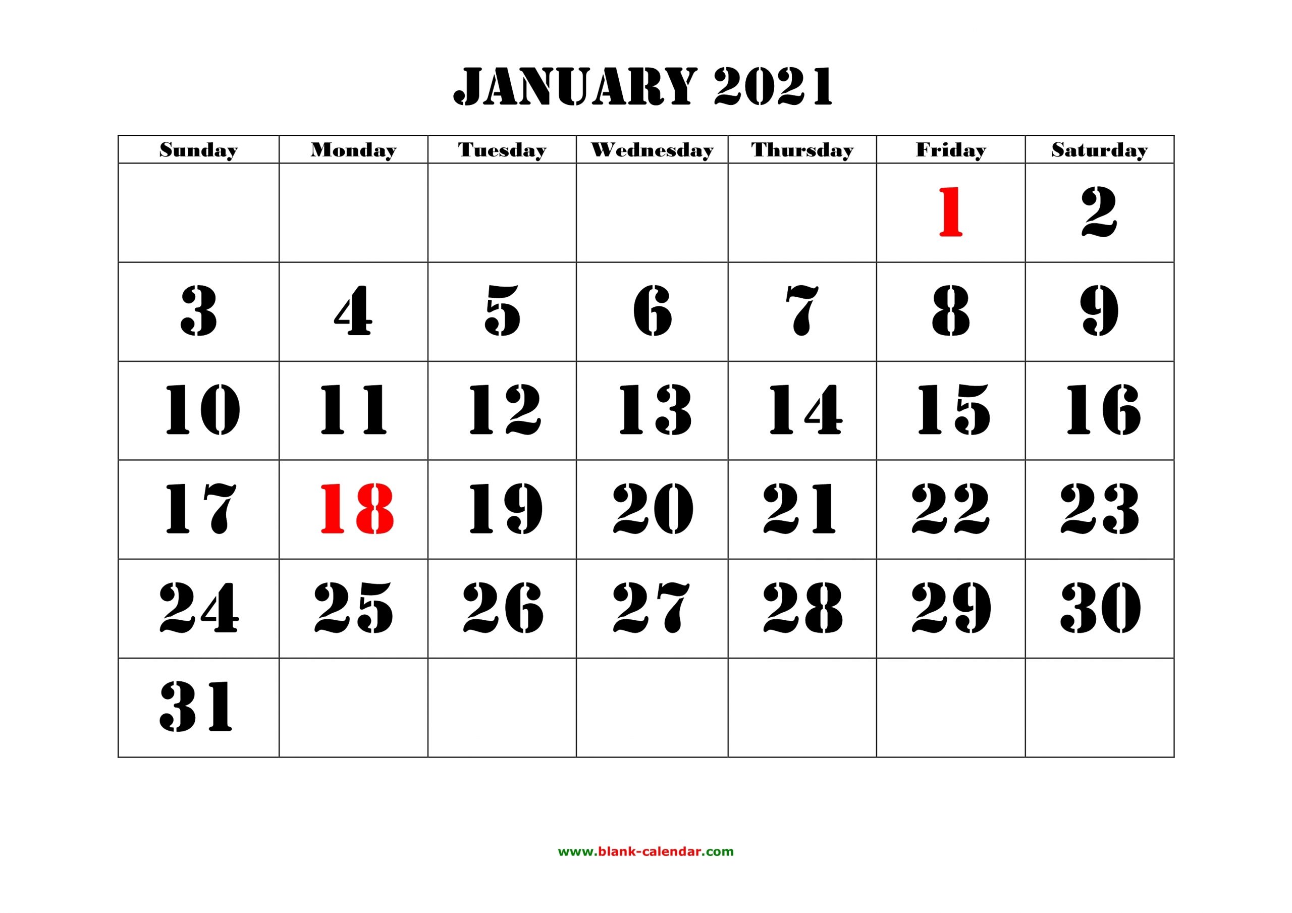 Free Download Printable Calendar 2021, Large Font Design