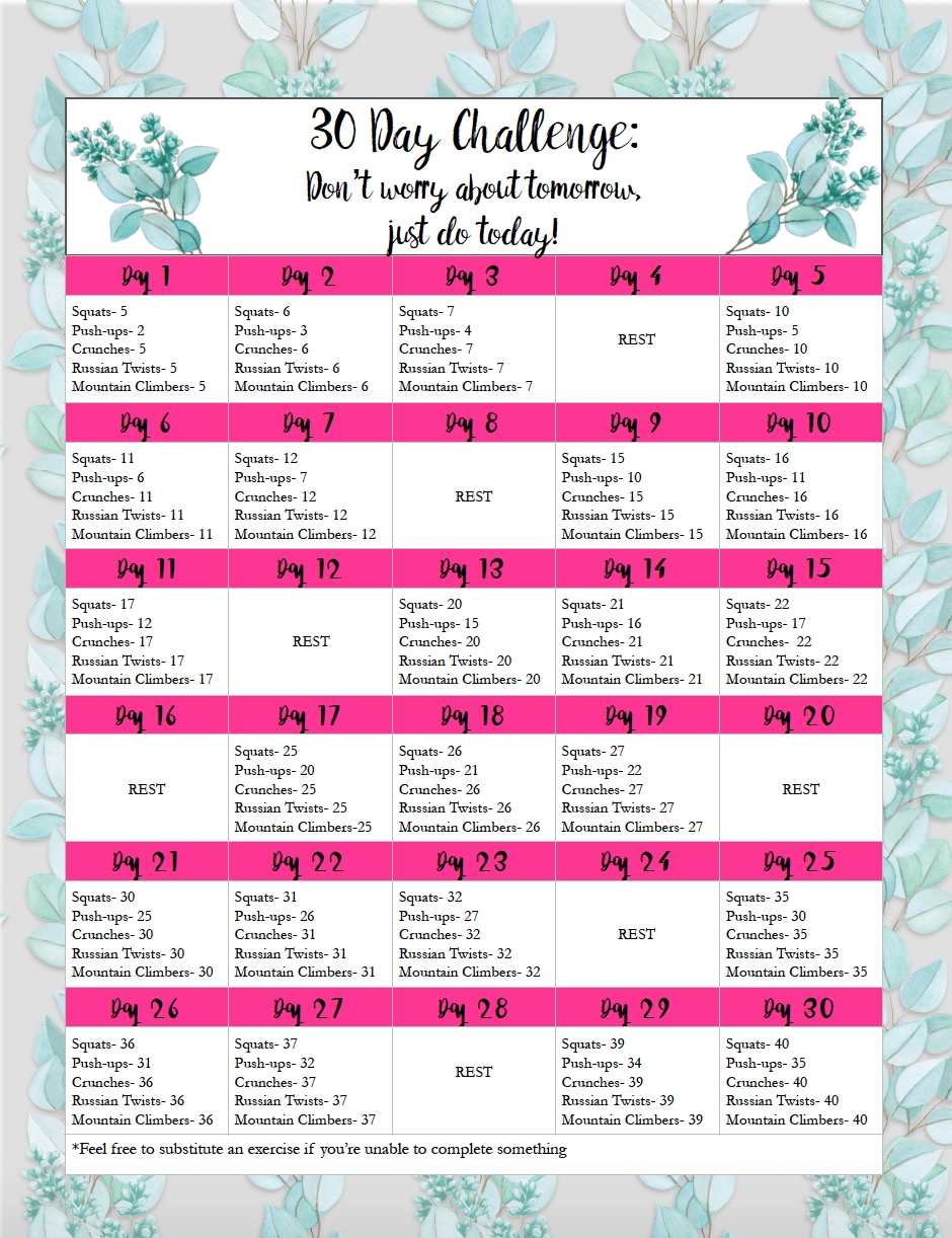 Free Exercise Printable 30-Day Challenge: Easy, Medium