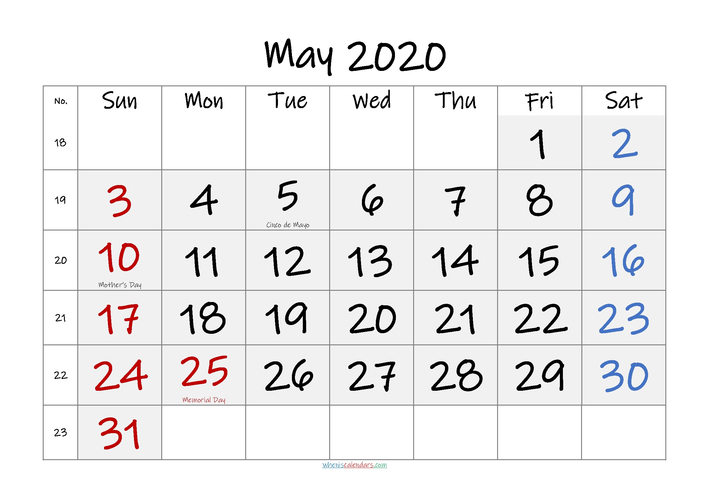 Free May 2020 Monthly Calendar Pdf-Template No.if20M53