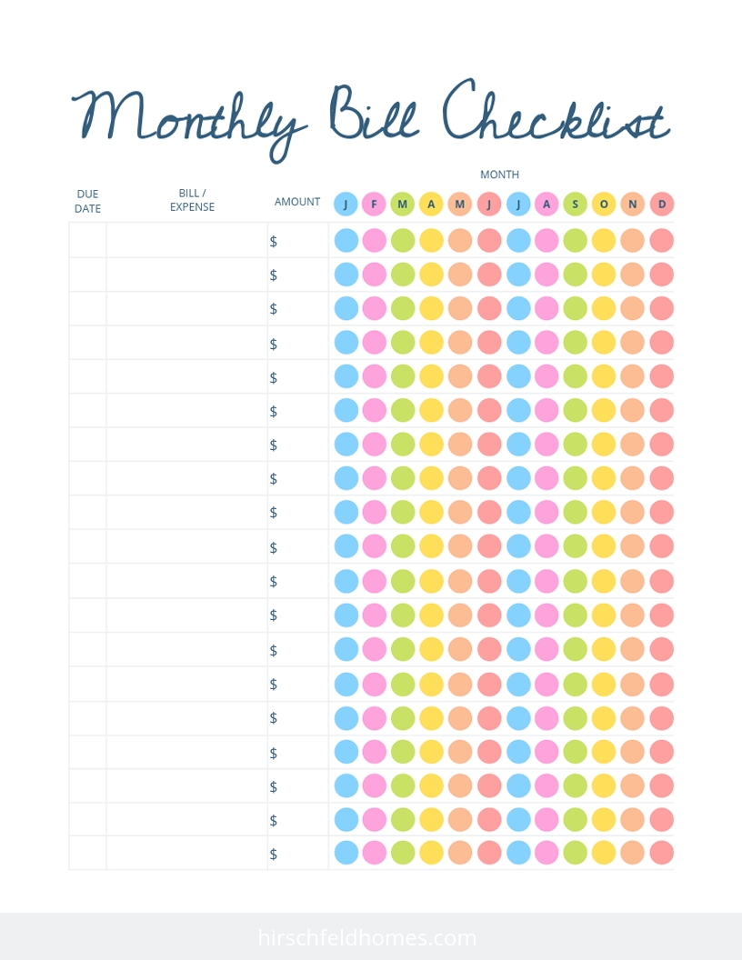 Free Monthly Bill Checklist | Hirschfeld within List Of Monthly Bills To Pay