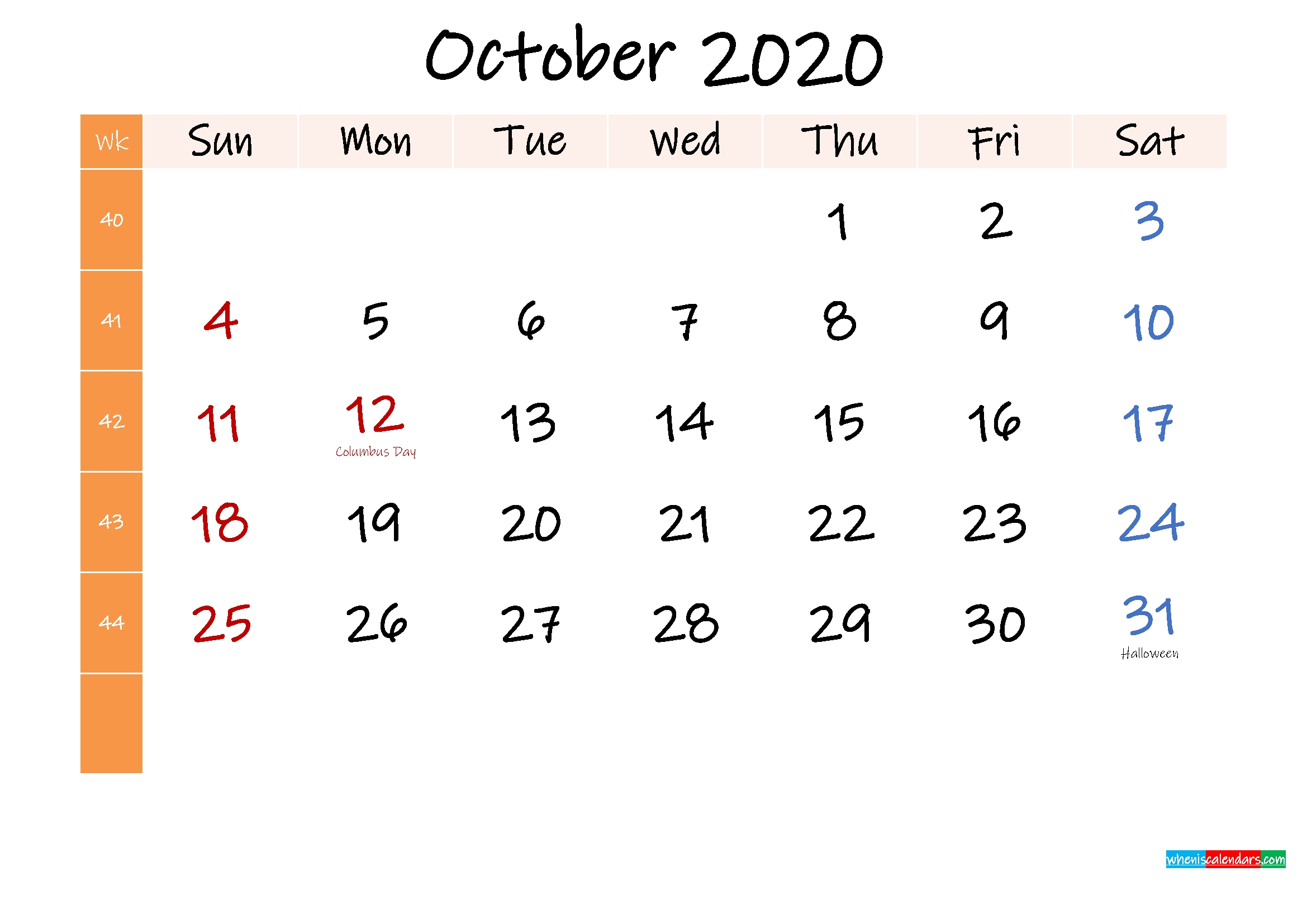 Free October 2020 Monthly Calendar Template Word – Template intended for 2020 Calendar Printable Free Word Monthly