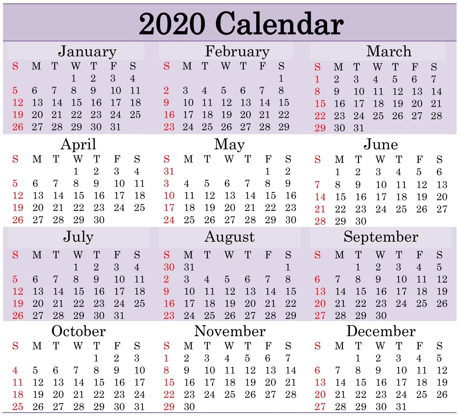 Free Printable 2020 Calendar Word, Pdf, Excel Document