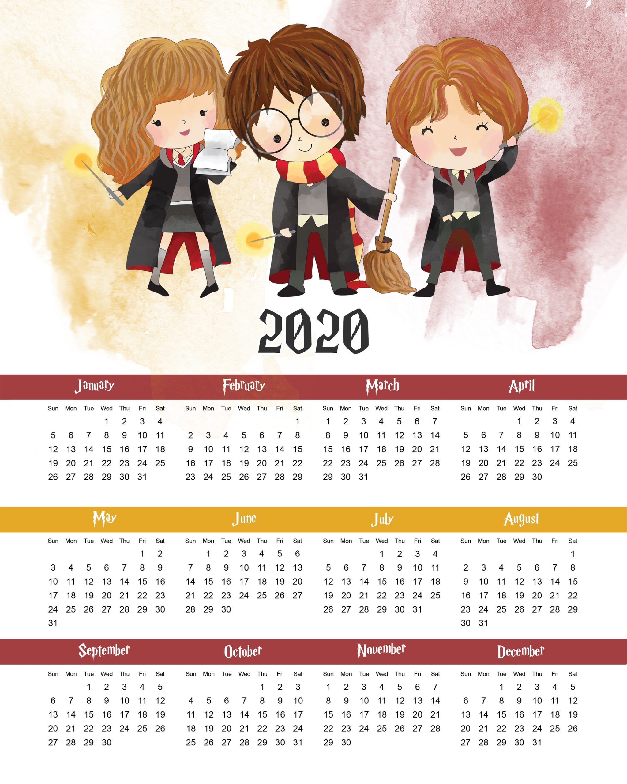 Free Printable 2020 Harry Potter One Page Calendar - The within 8 X 10 Calendar 2020