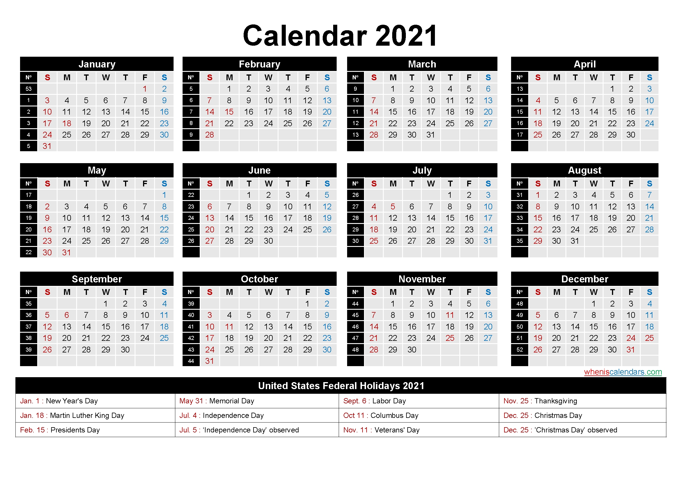 Free Printable 2021 Calendar With Holidays As Word, Pdf