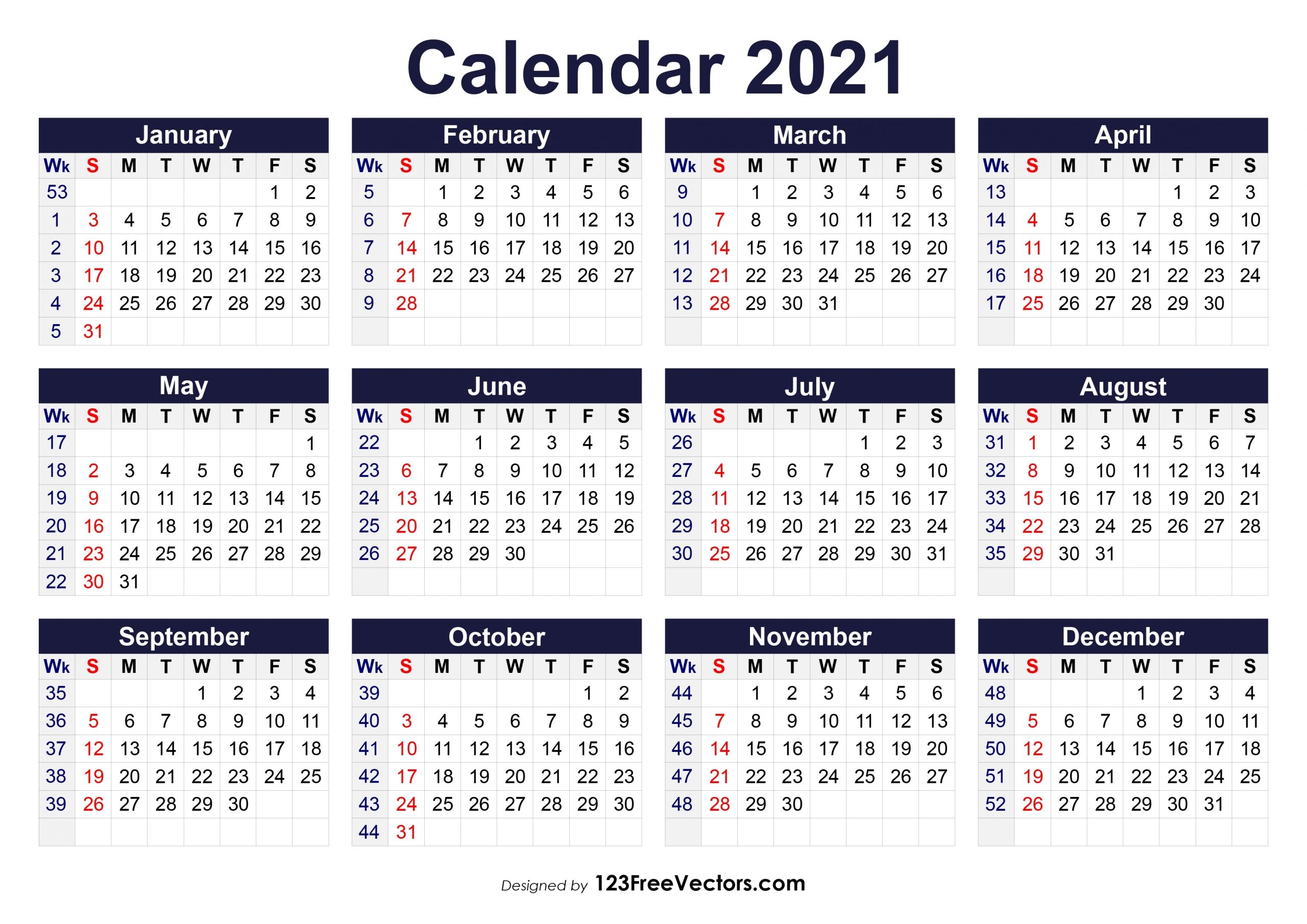 Free Printable 2021 Calendar With Week Numbers