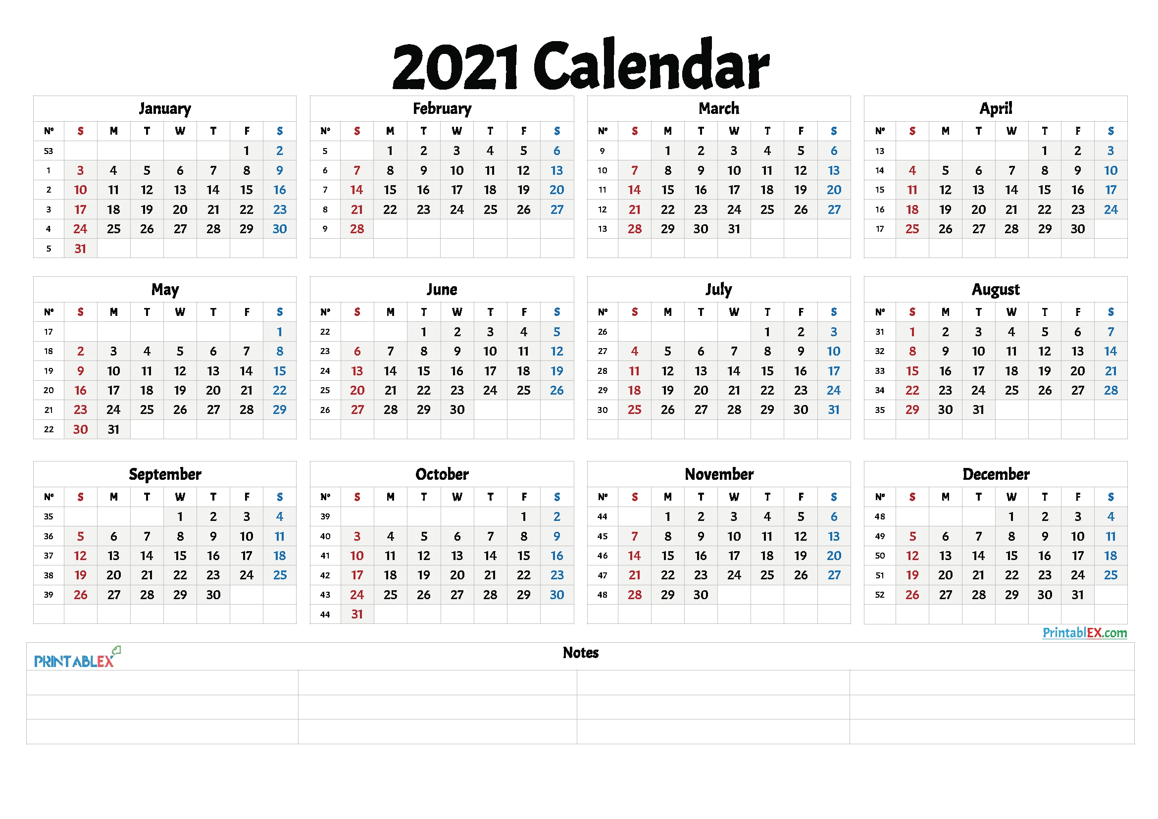 Free Printable 2021 Yearly Calendar With Week Numbers