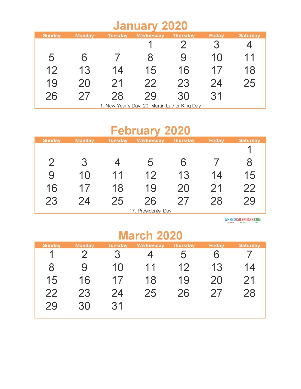 Free Printable 3 Month Calendar 2020 January February March for Individual Monthly Printable Calendars For 2020 And 2021