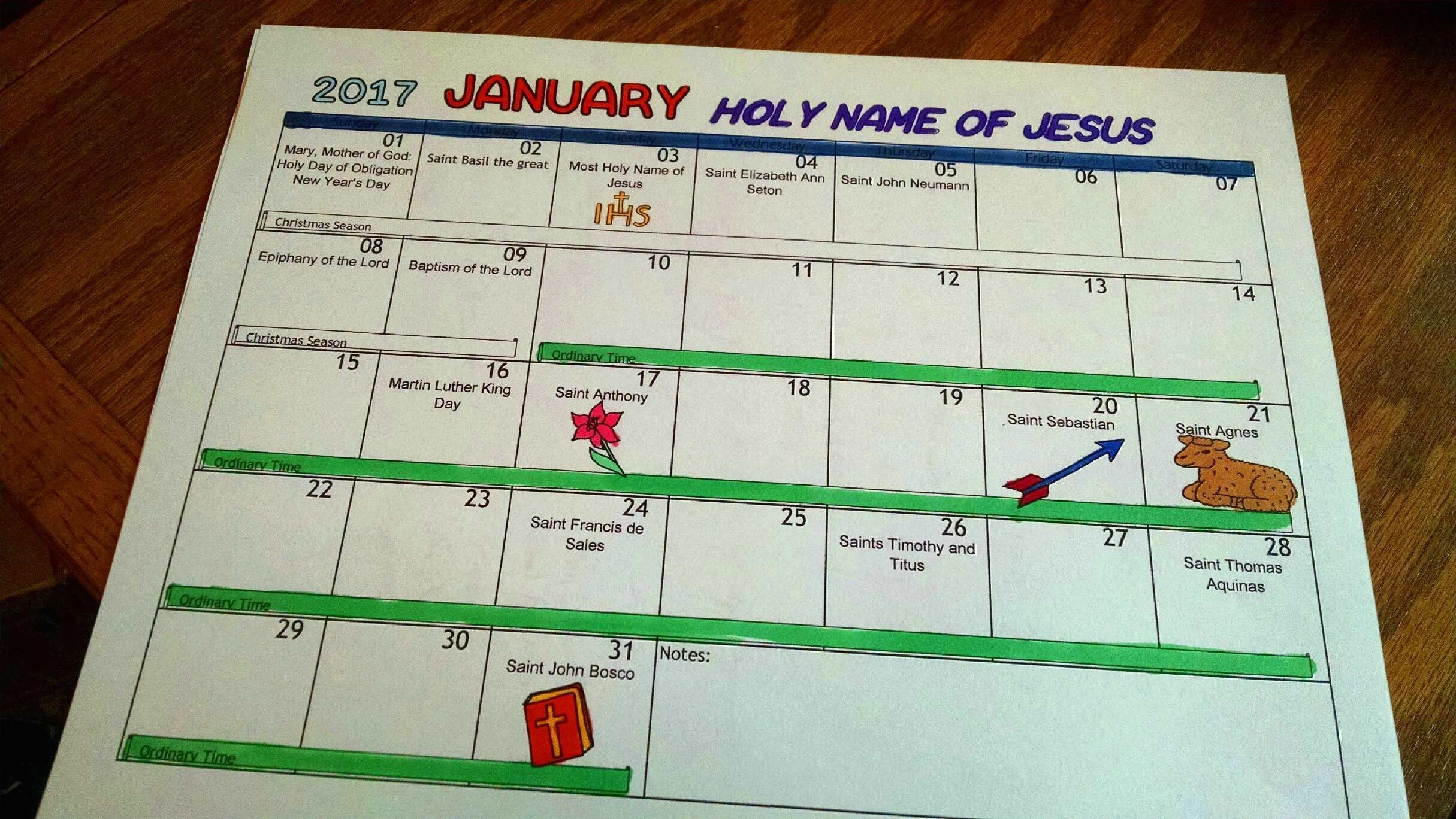 Free Printable Catholic Coloring Calendar 2017