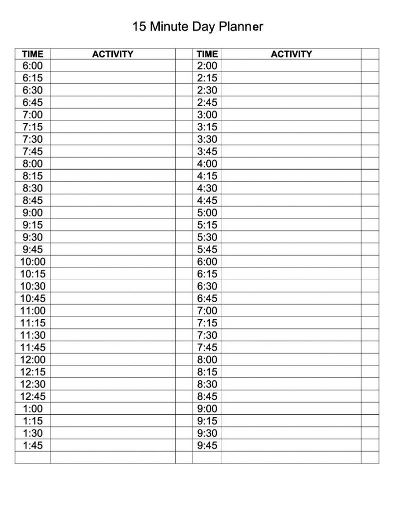 Free Printable Daily Planner 15 Minute Intervals | Day