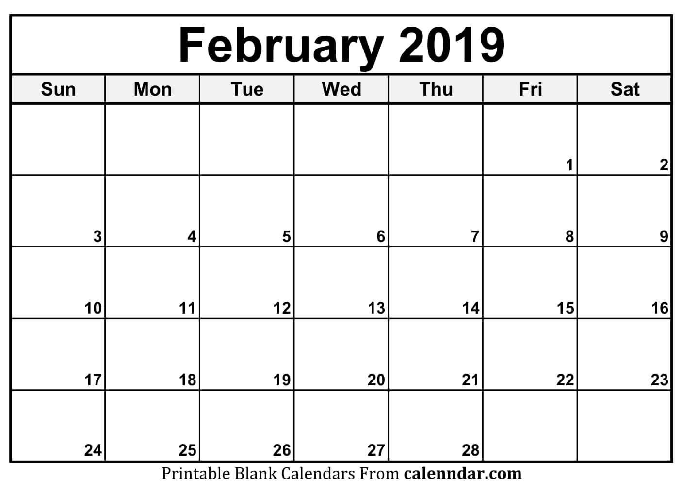 Free Printable Feb 2019 Calendar | Printable Blank Calendar within Free 2019 Calendar With Space To Write