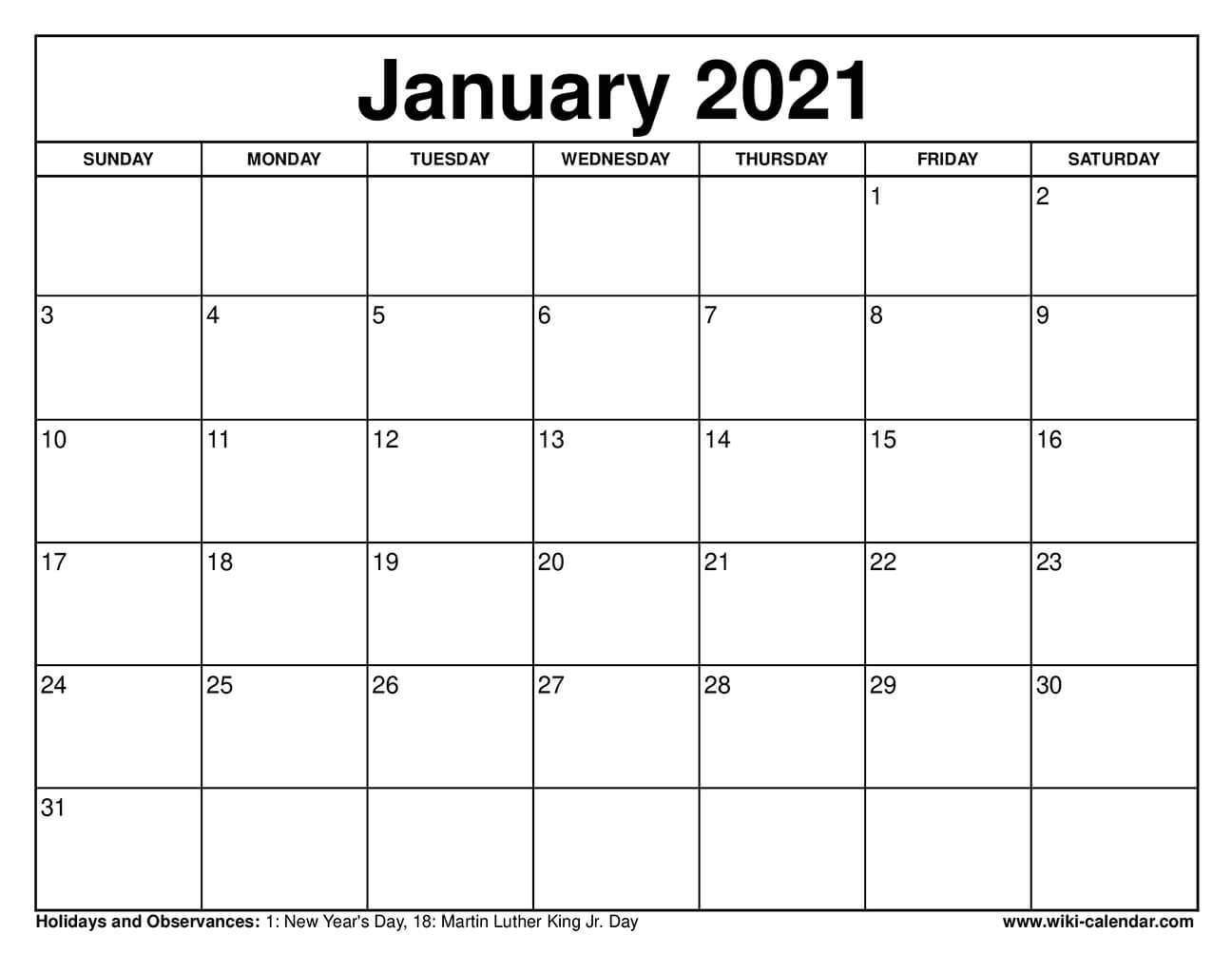 Free Printable January 2021 Calendars