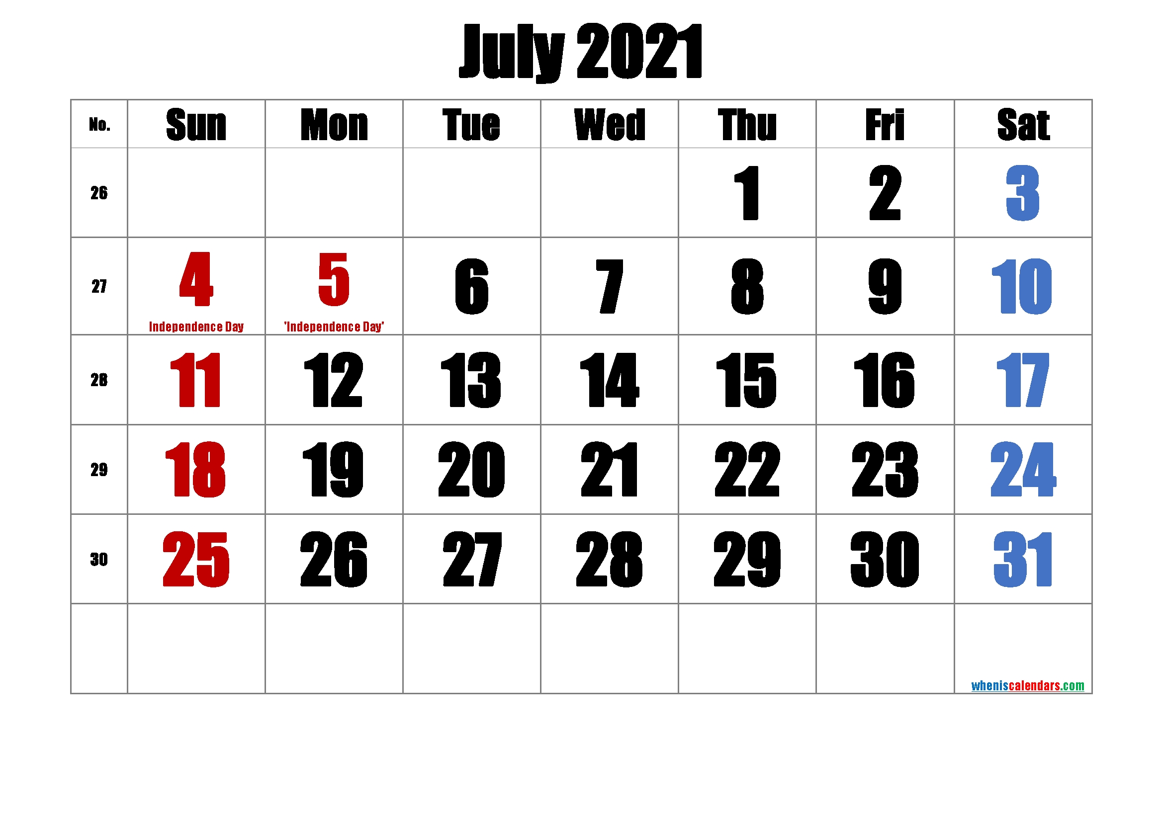 Free Printable July 2021 Calendar-Template No.ip21M43 - Free