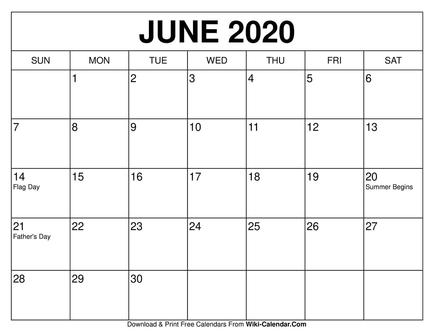 Free Printable June 2020 Calendars