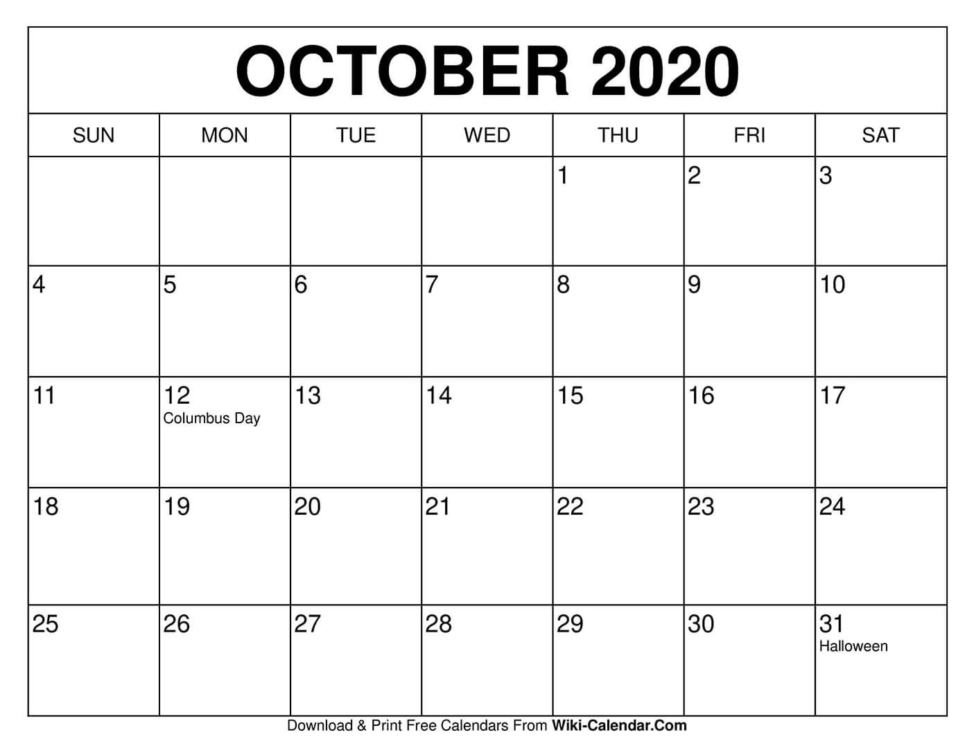 Free Printable October 2020 Calendars