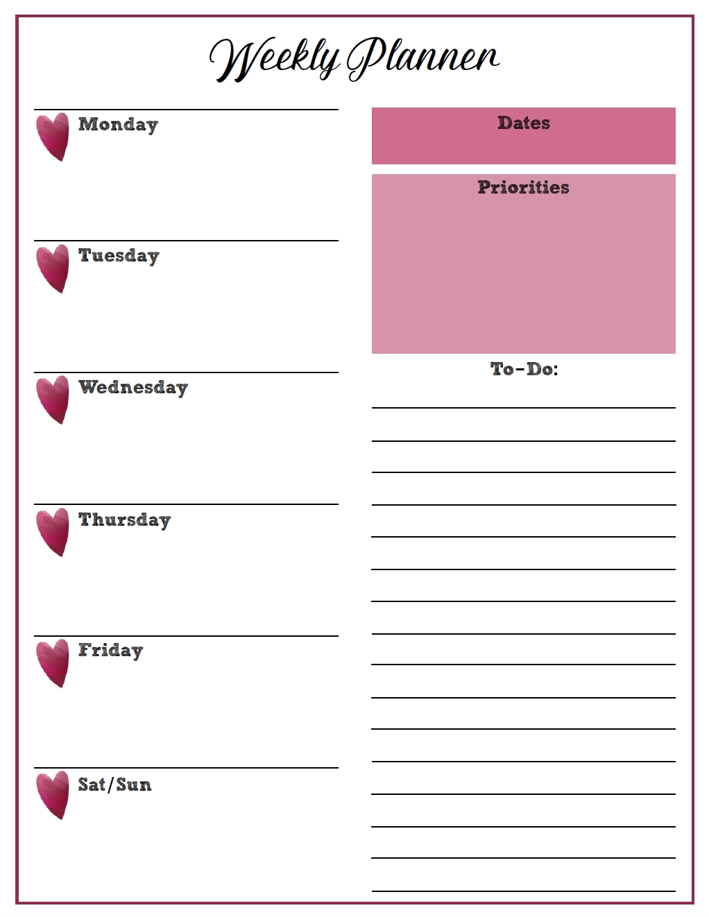 Free Printable Weekly Planners: Monday Start