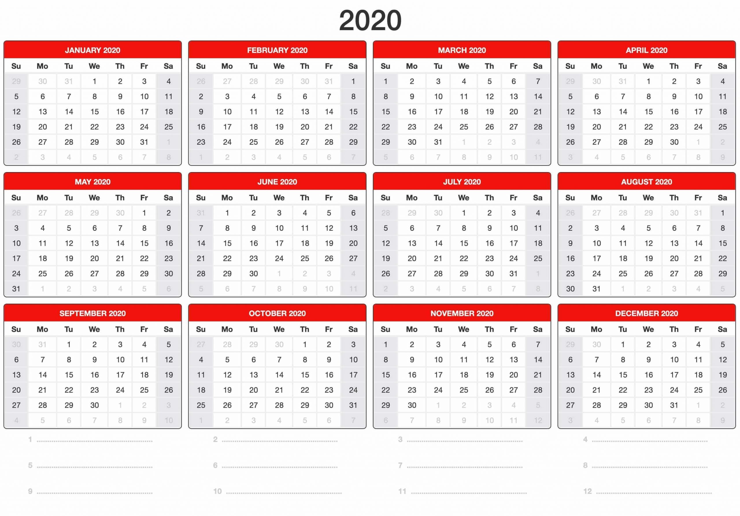 Free Yearly Calendar 2020 Template Online - Set Your Plan in Free Printable Calendar With Space To Write