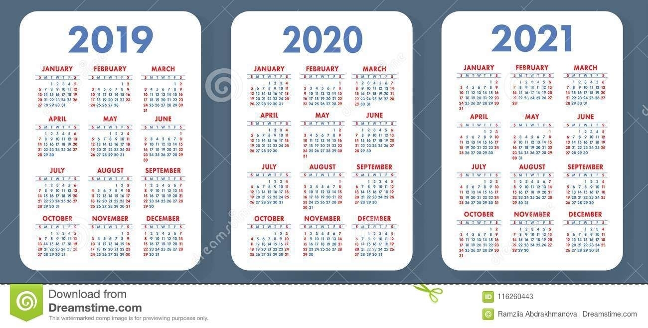 Illustration About Pocket Calendar 2019, 2020, 2021 Set