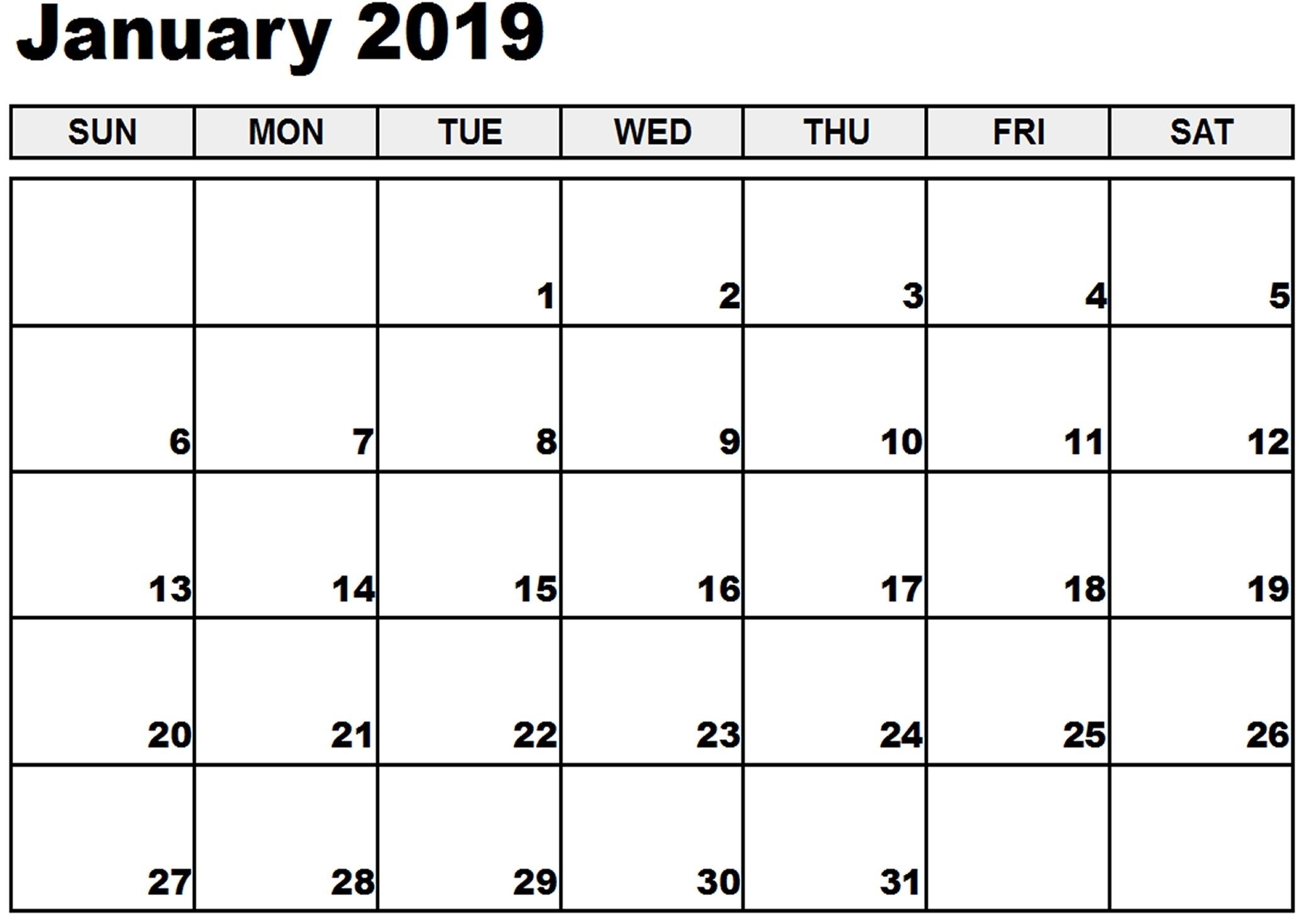 January 2019 Printable Calendar January 2019 Calendar intended for Fill In Calendar 2019 Printable