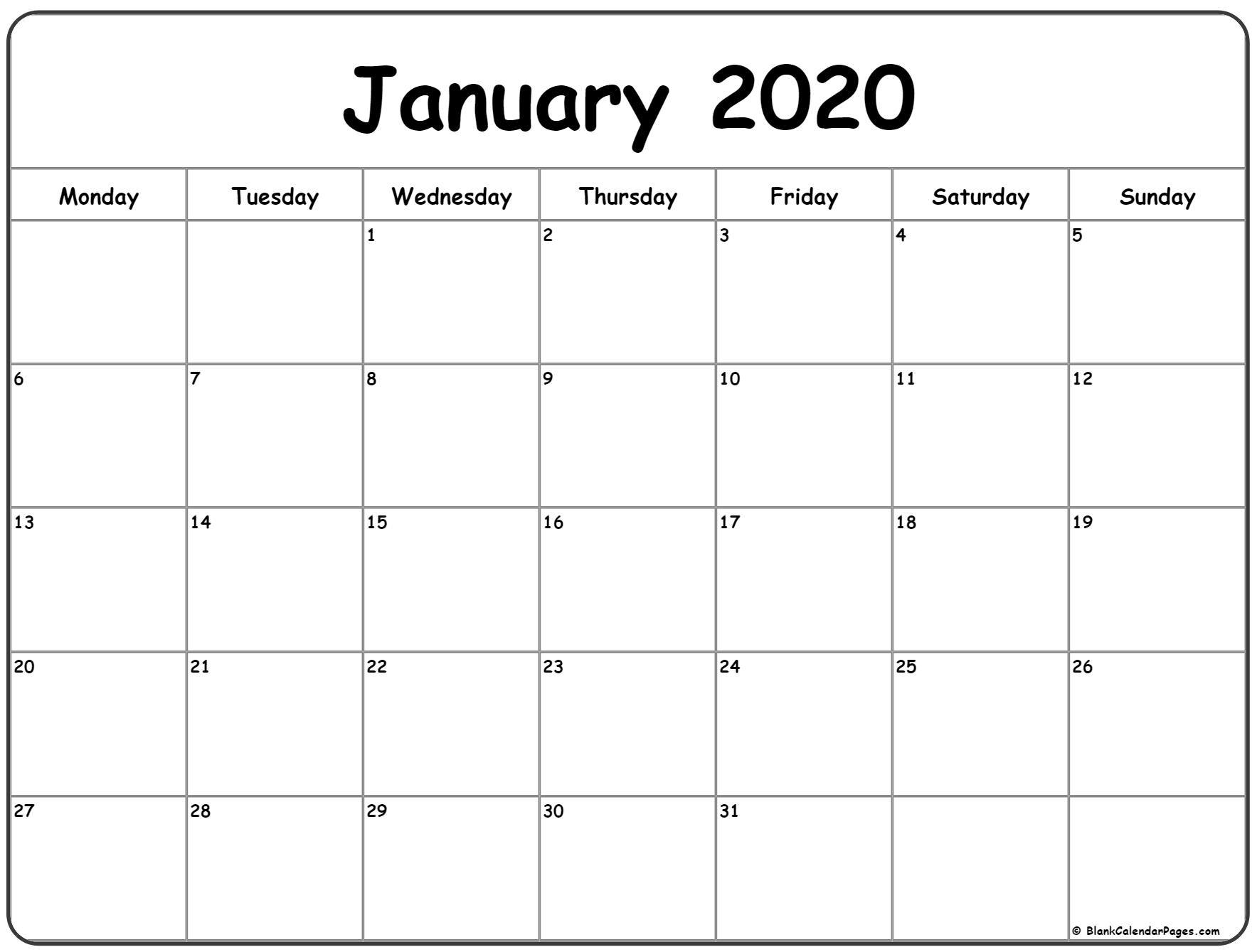 January 2020 Monday Calendar | Monday To Sunday inside Monday Start Calendars With Lines