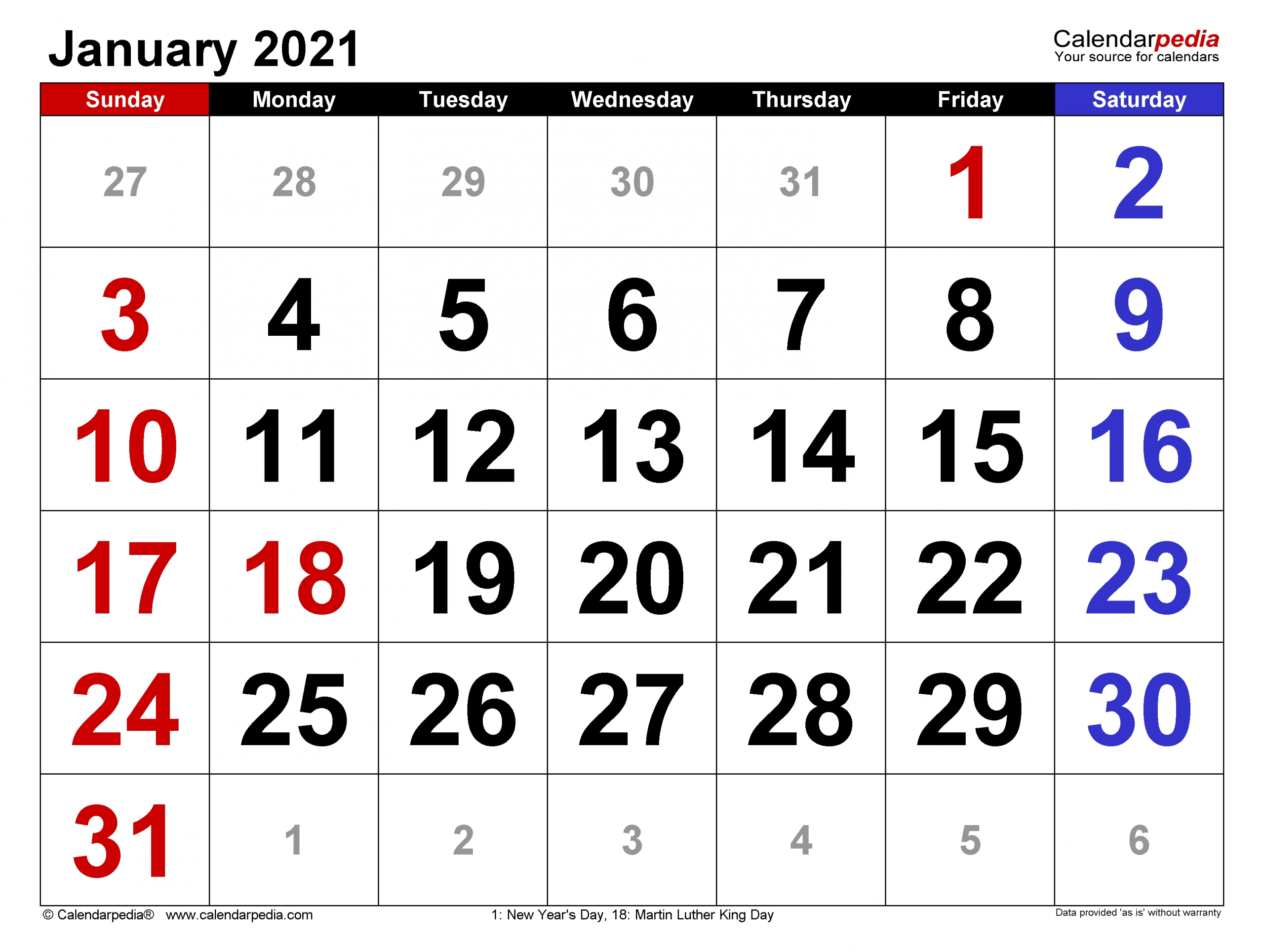 January 2021 Calendar | Templates For Word, Excel And Pdf