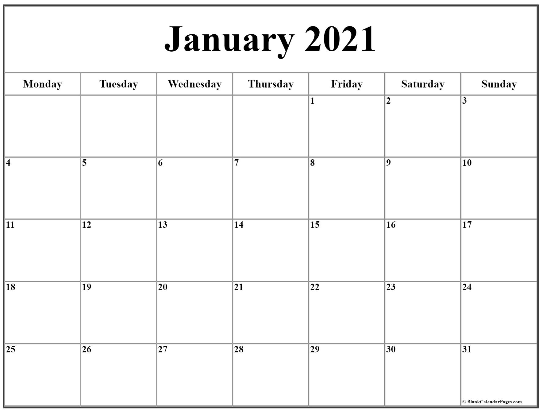 January 2021 Monday Calendar | Monday To Sunday